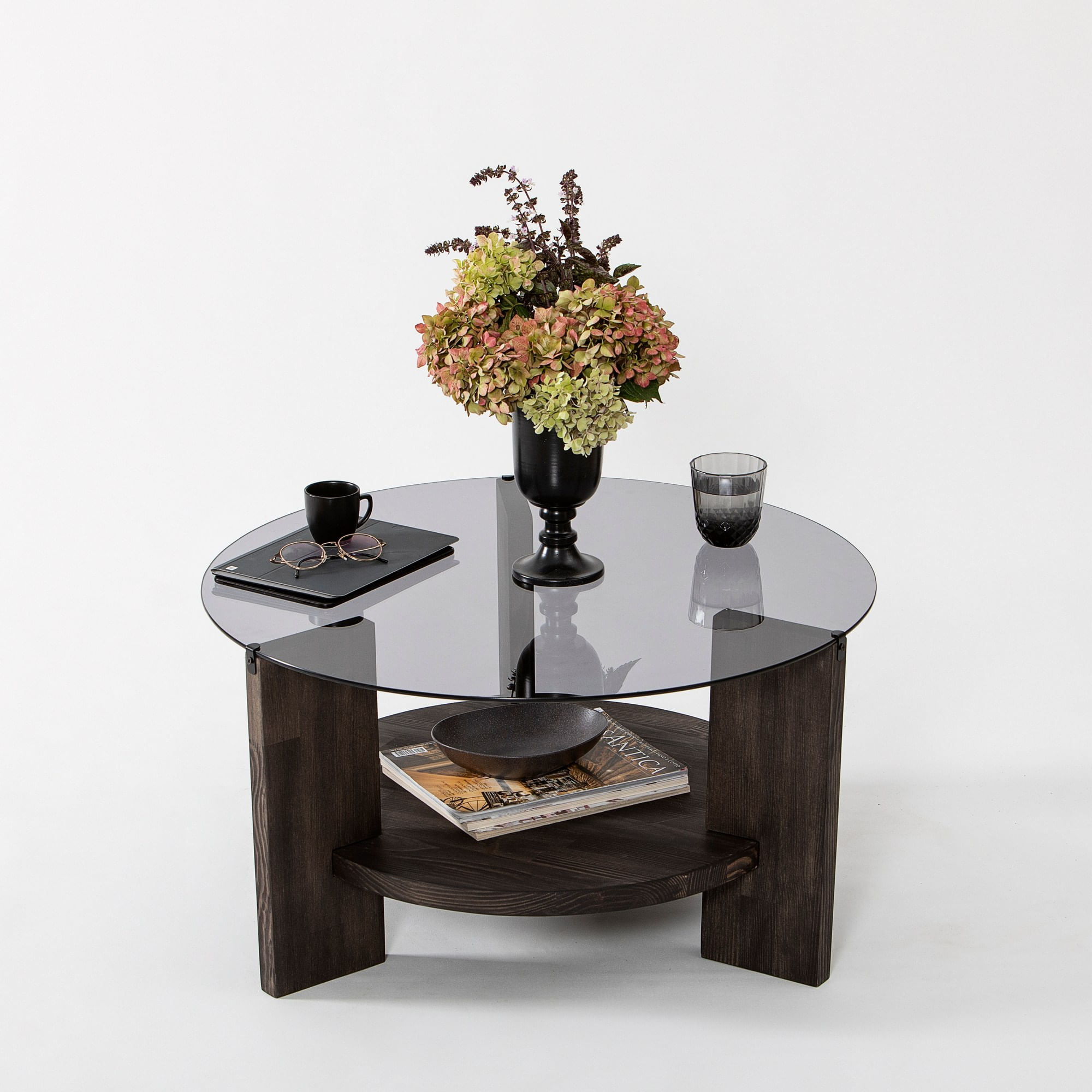 Masuta de cafea, Hanah Home, sticla calita si lemn masiv de pin, antracit si maro inchis, 75x75x40 cm — imaginea 2