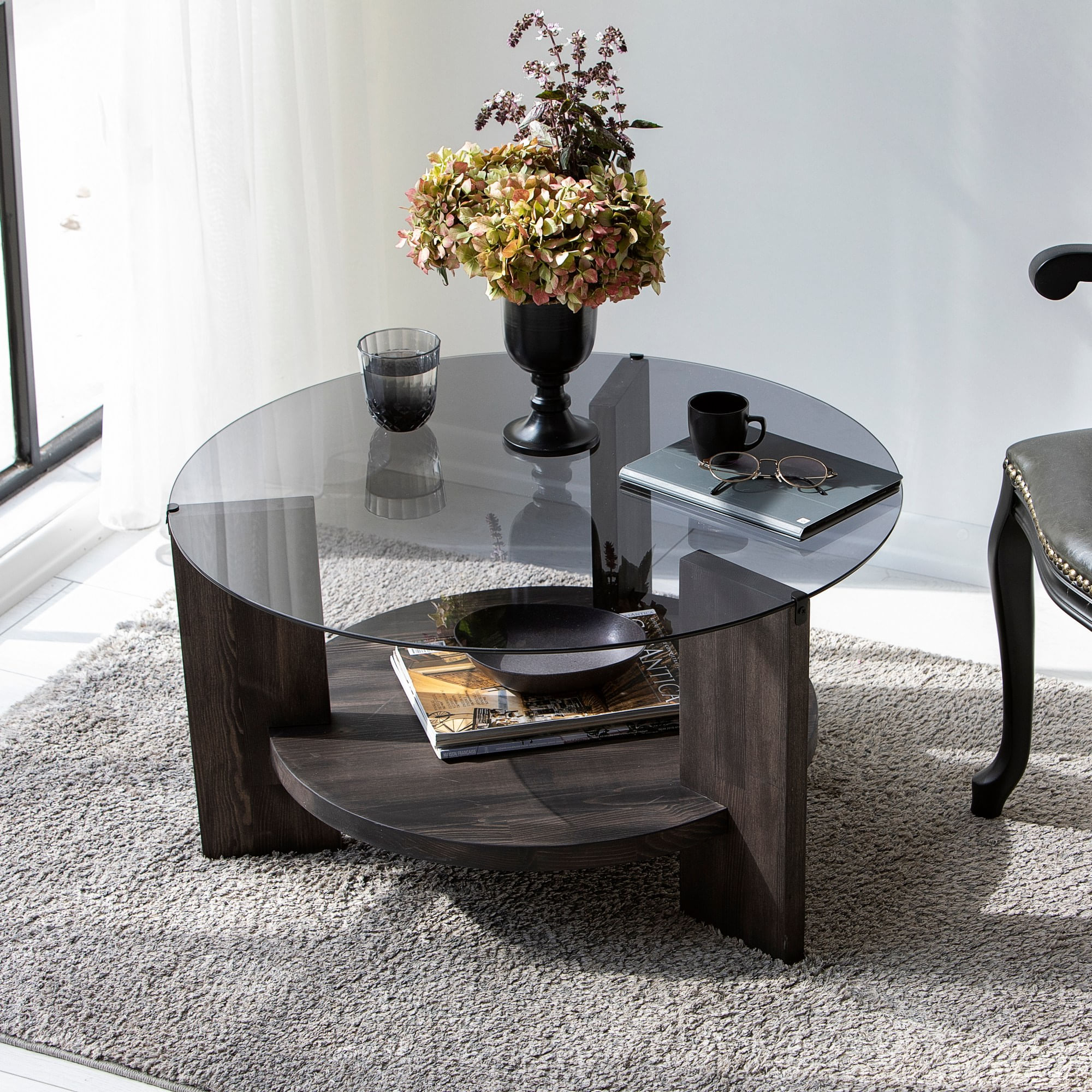 Masuta de cafea, Hanah Home, sticla calita si lemn masiv de pin, antracit si maro inchis, 75x75x40 cm — imaginea 6