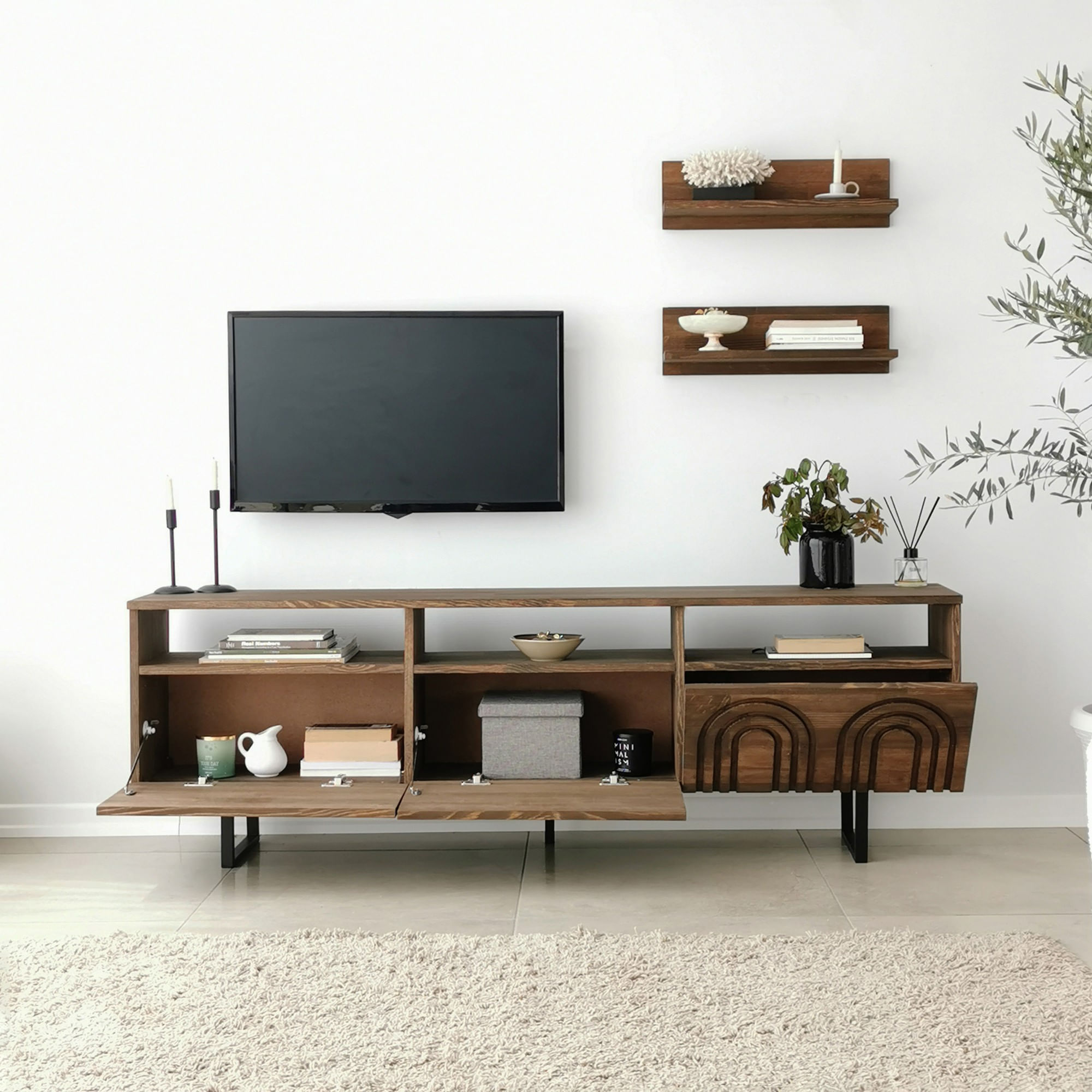 Comoda tv, Hanah Home, lemn masiv de pin, nuc, 170x40x30 cm, 552NOS1523 — imaginea 4