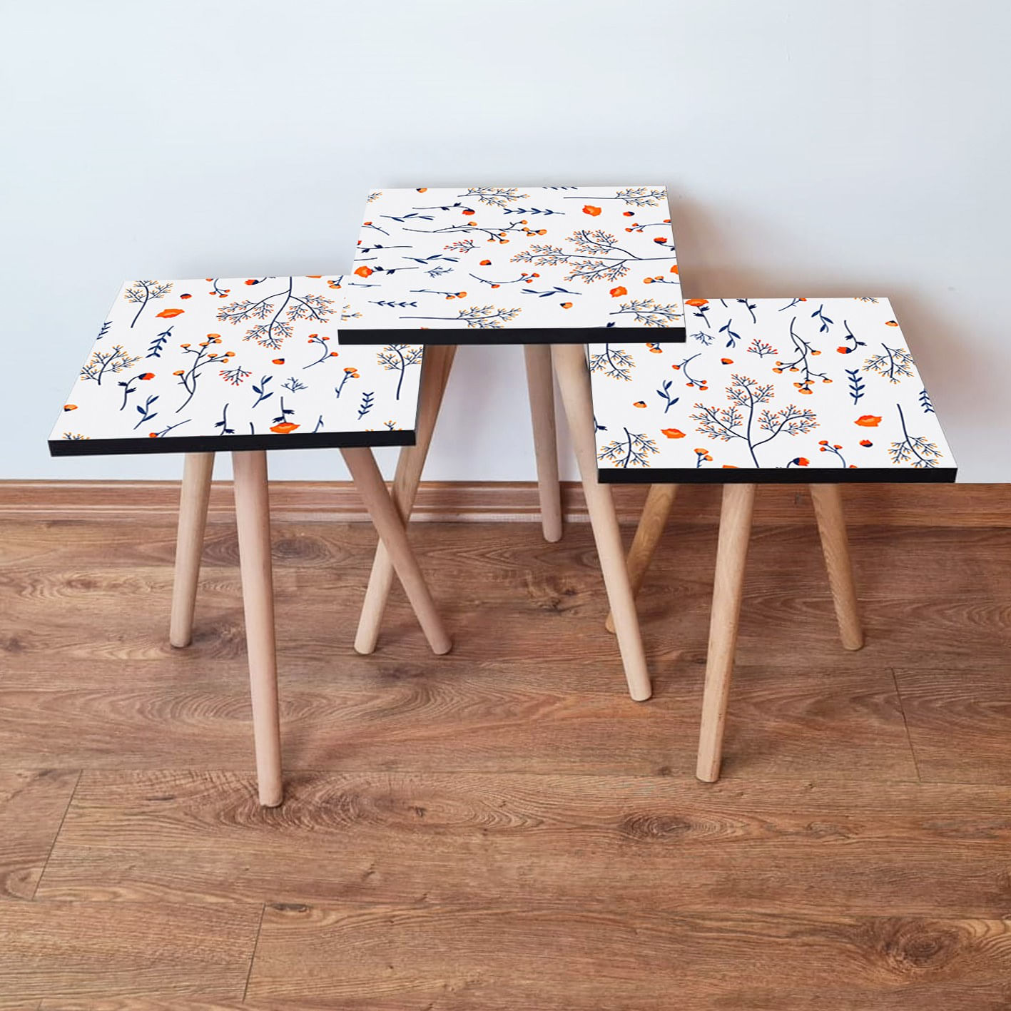 Set masute cuib, Hanah Home, mdf, alb/albastru marin/portocaliu, 35x35x52 cm