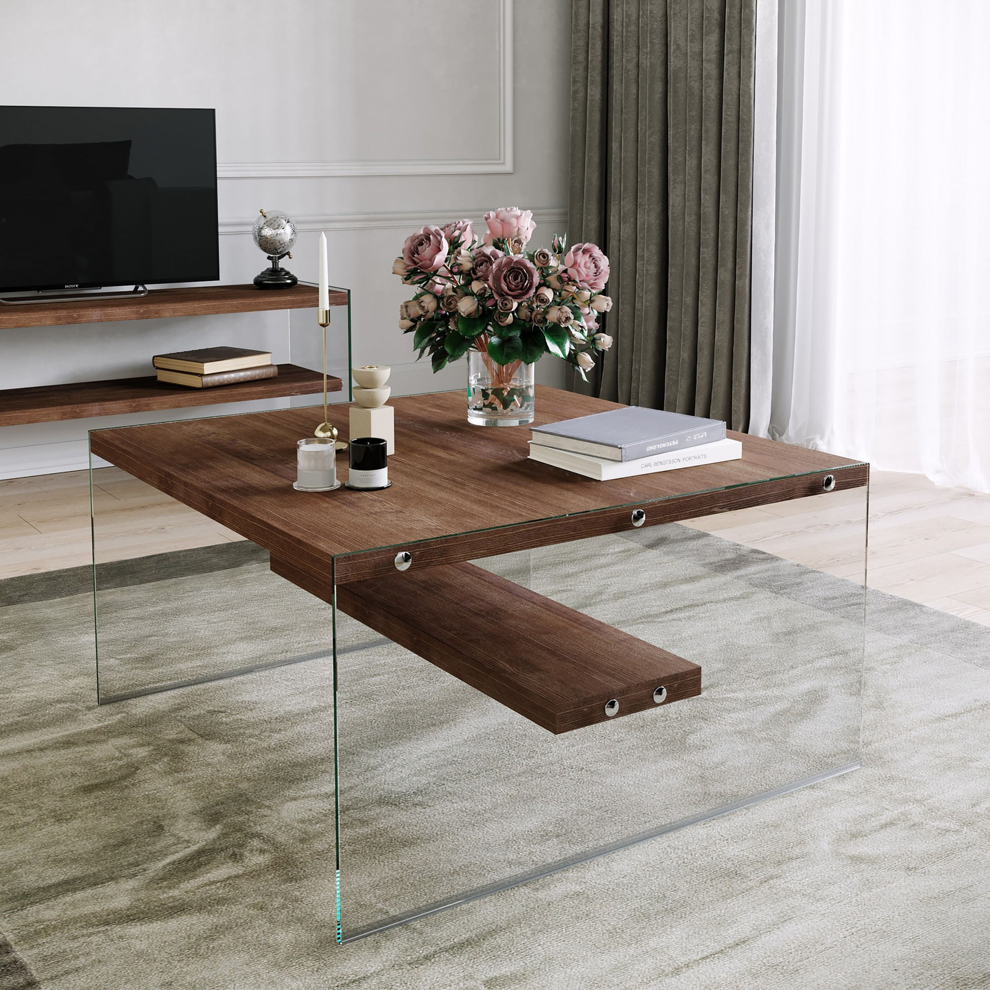 Masa de cafea, Hanah Home, lemn masiv de pin, nuc, 75x75x40 cm — imaginea 4