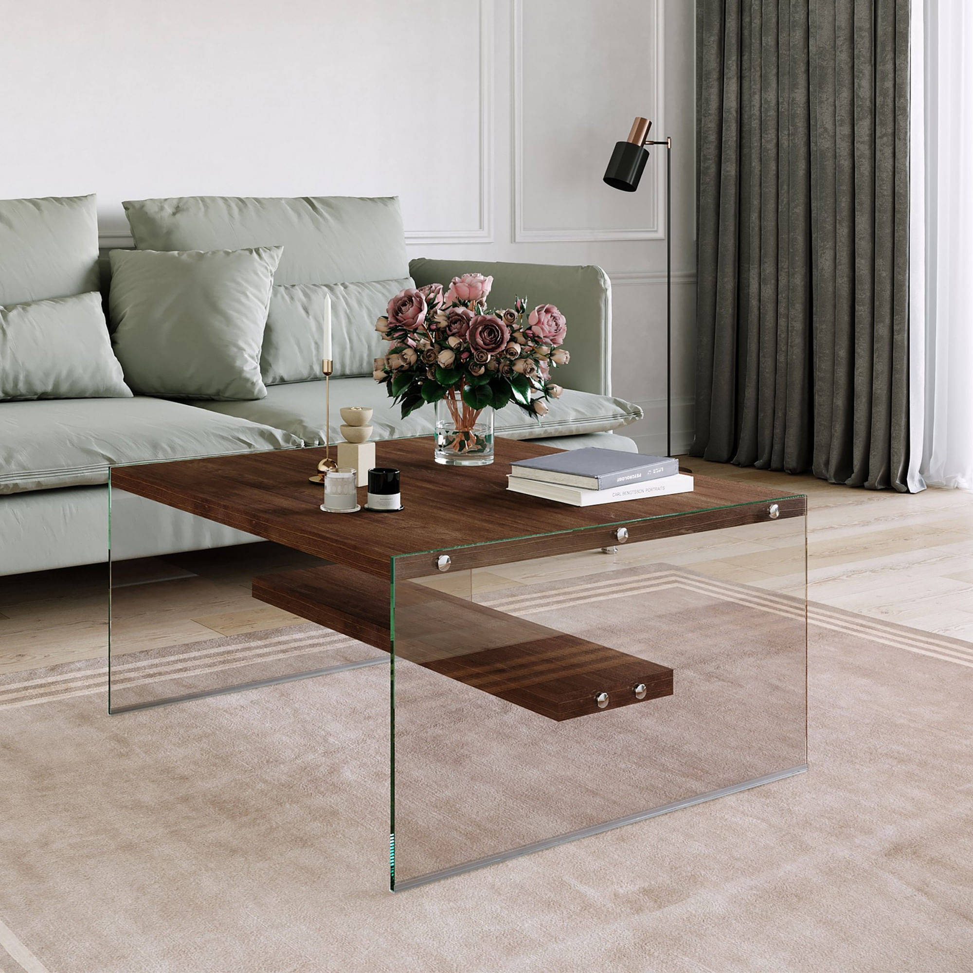 Masa de cafea, Hanah Home, lemn masiv de pin, nuc, 75x75x40 cm — imaginea 5