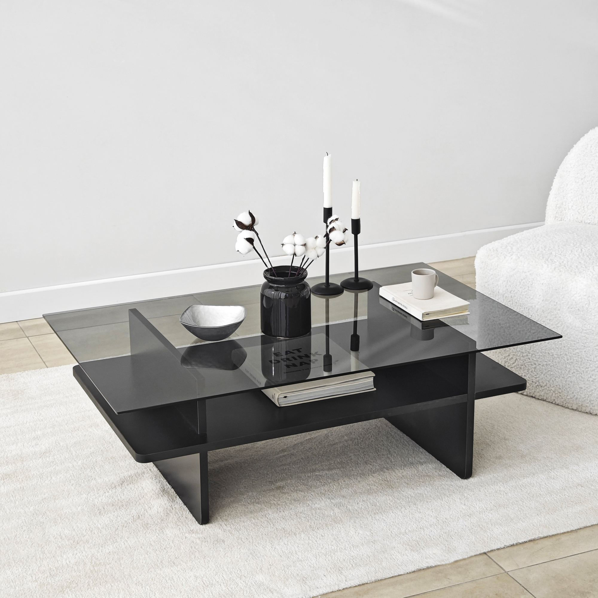Masuta de cafea, Hanah Home, sticla securizata, negru si fum, 105x65x35 cm — imaginea 3