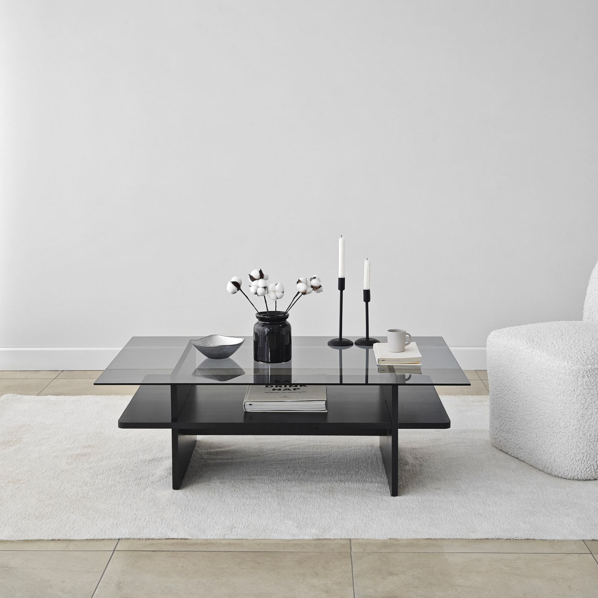 Masuta de cafea, Hanah Home, sticla securizata, negru si fum, 105x65x35 cm — imaginea 6