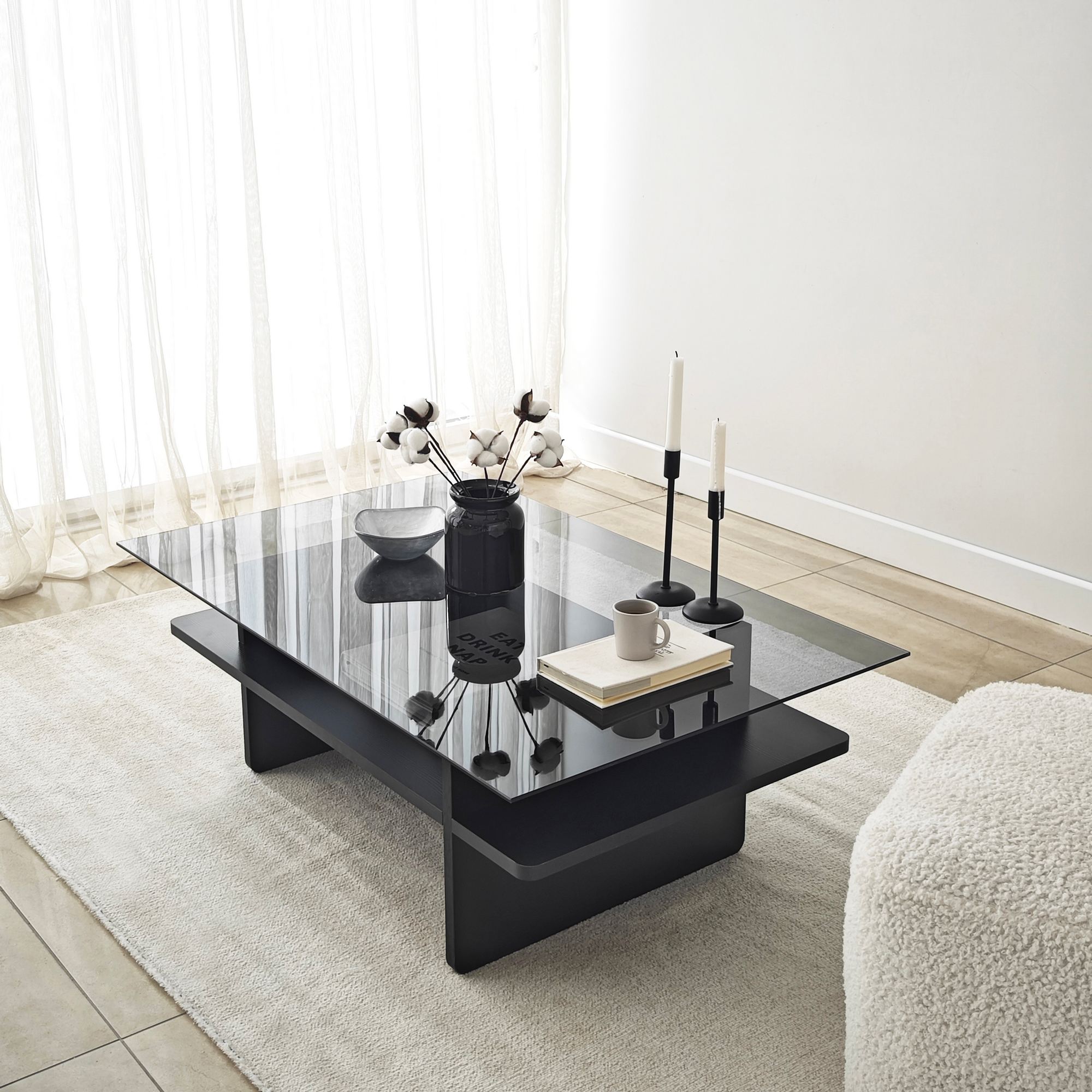 Masuta de cafea, Hanah Home, sticla securizata, negru si fum, 105x65x35 cm — imaginea 7