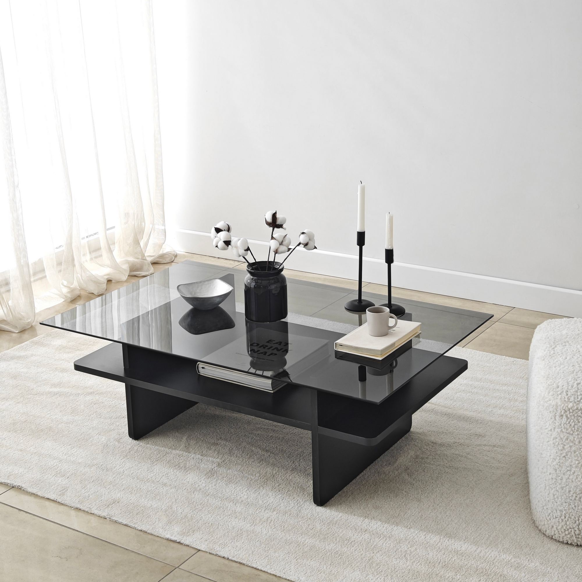 Masuta de cafea, Hanah Home, sticla securizata, negru si fum, 105x65x35 cm — imaginea 10