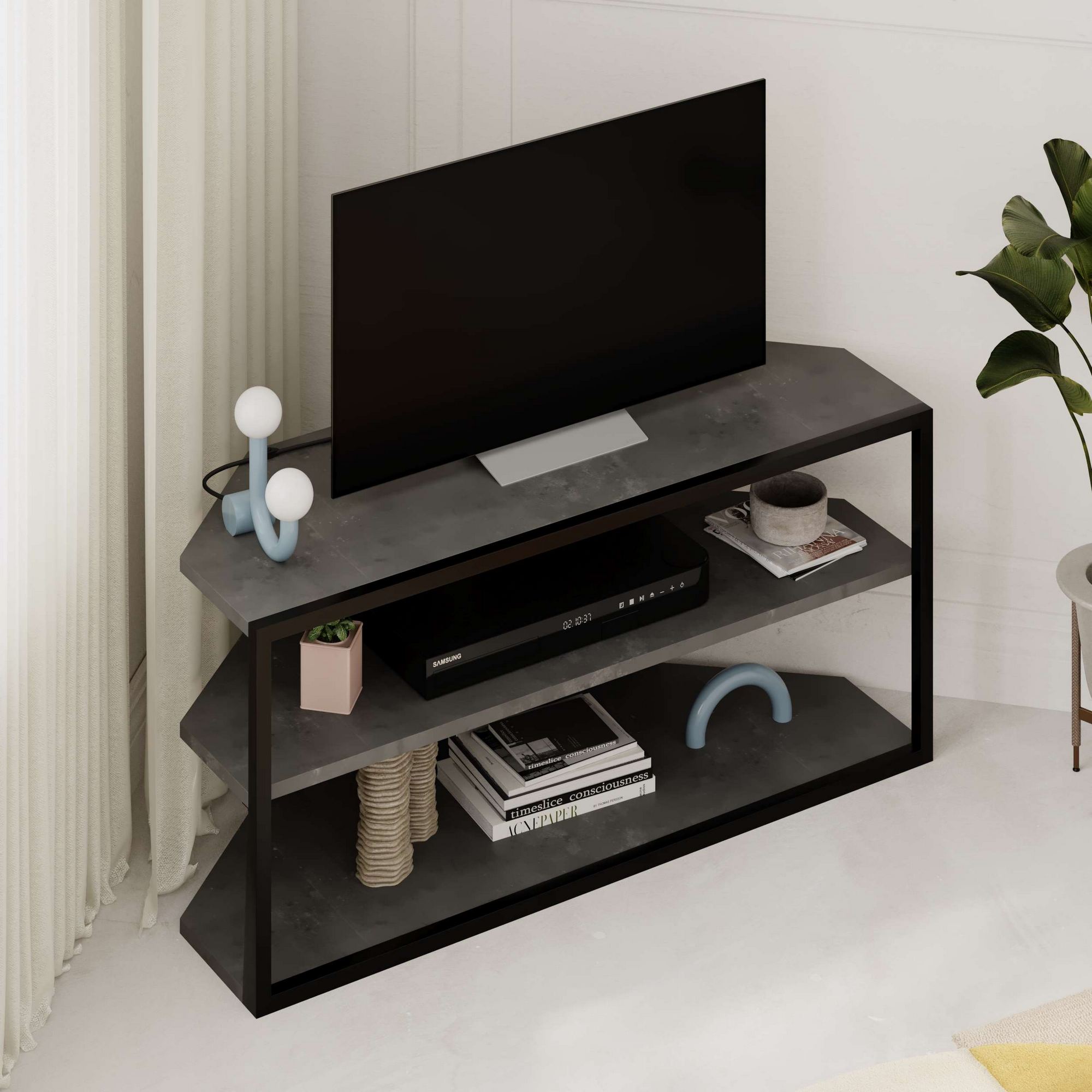 Suport tv, Hanah Home, panou de particule melaminat, gri retro, 98x37x45 cm — imaginea 3