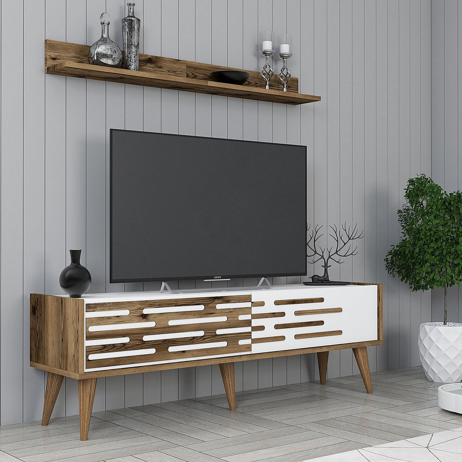 Comoda tv, Hanah Home, pal melaminat, nuc si alb, 140x45x35 cm — imaginea 2