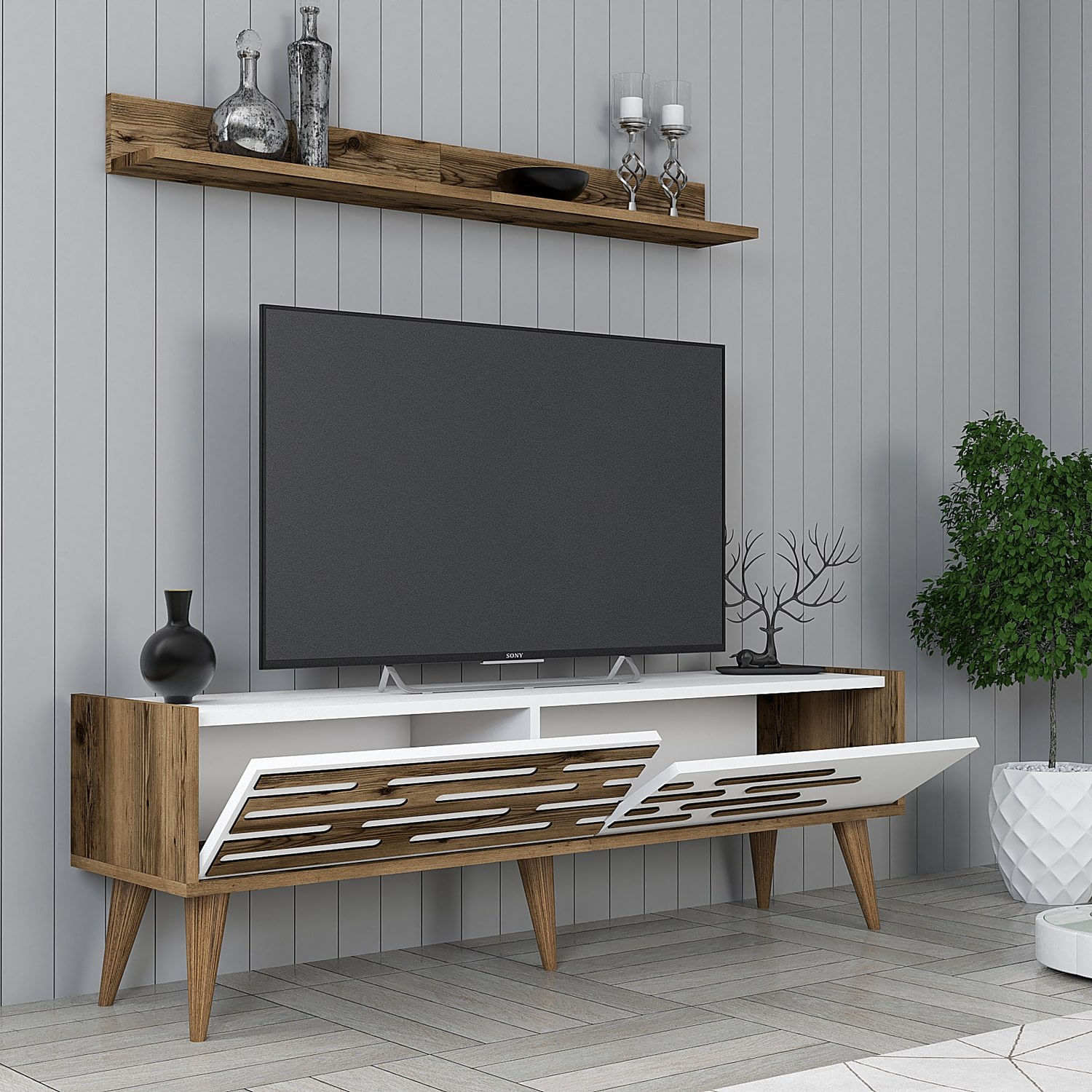 Comoda tv, Hanah Home, pal melaminat, nuc si alb, 140x45x35 cm — imaginea 3