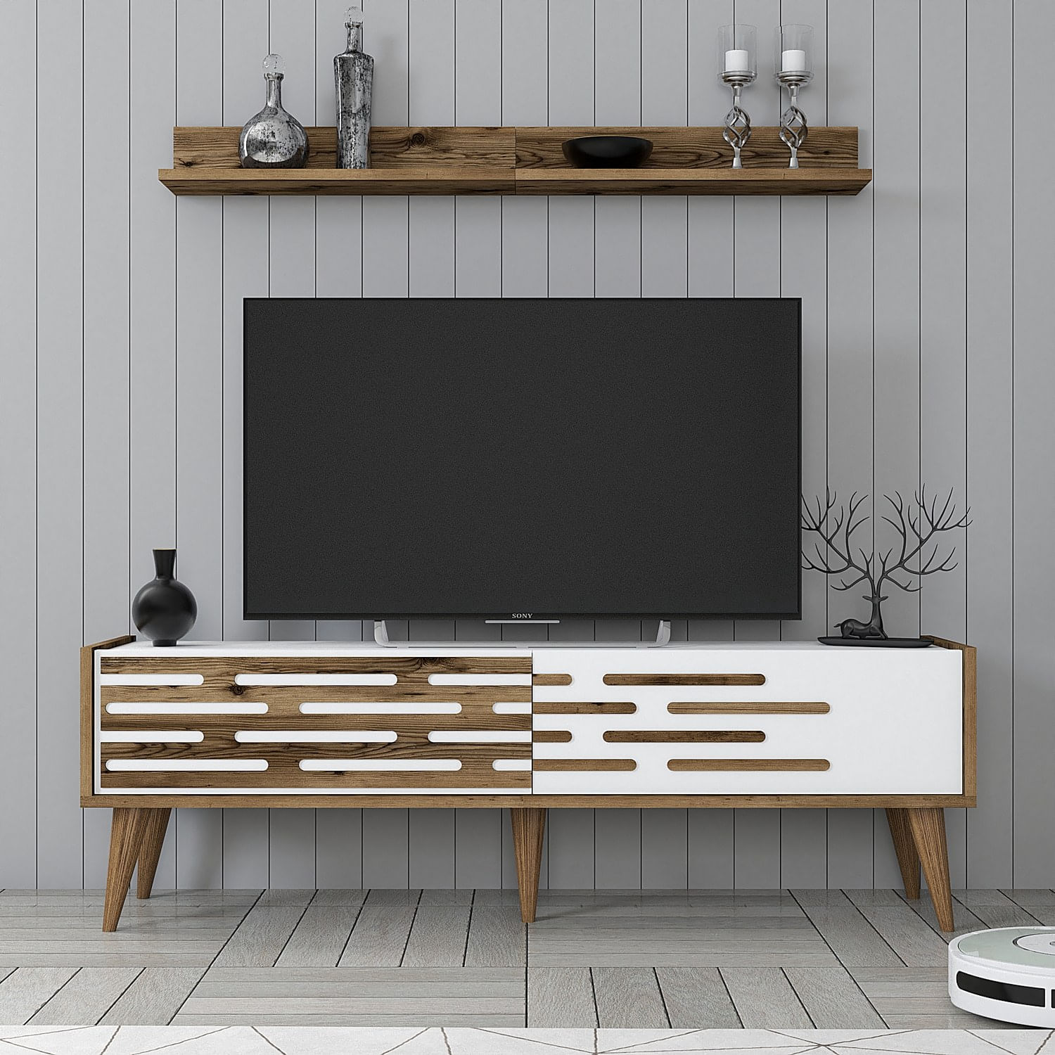 Comoda tv, Hanah Home, pal melaminat, nuc si alb, 140x45x35 cm — imaginea 4