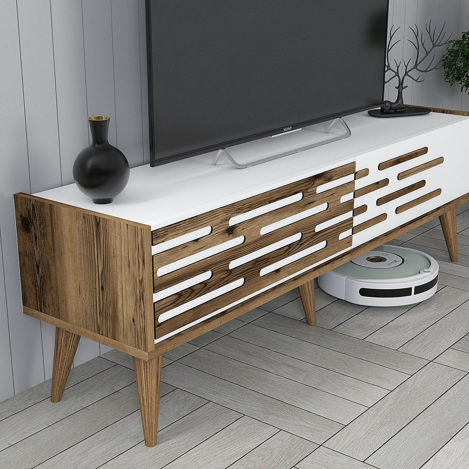 Comoda tv, Hanah Home, pal melaminat, nuc si alb, 140x45x35 cm — imaginea 6