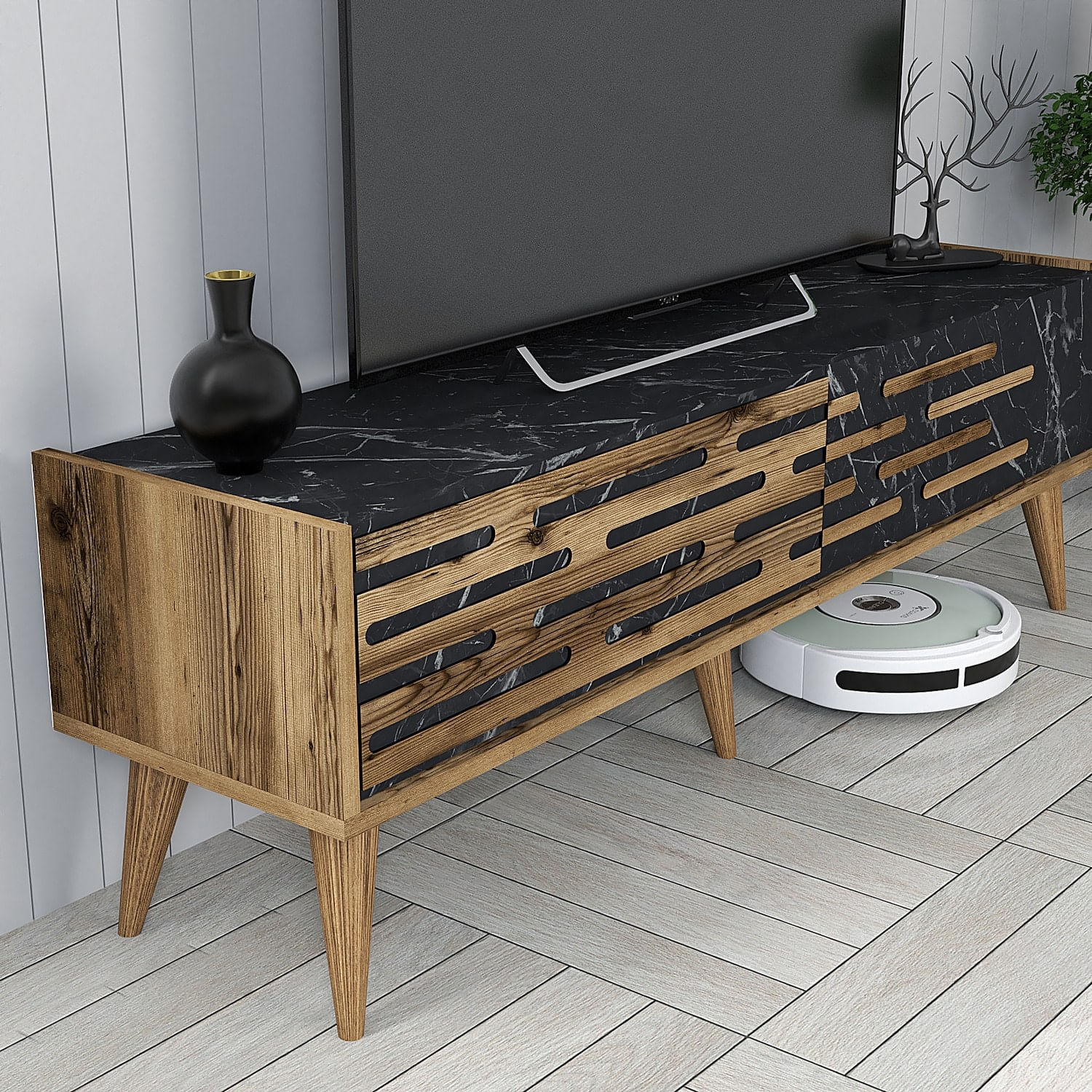 Comoda tv, Hanah Home, pal melaminat, nuc, negru, marmura, 140x35x45 cm — imaginea 3