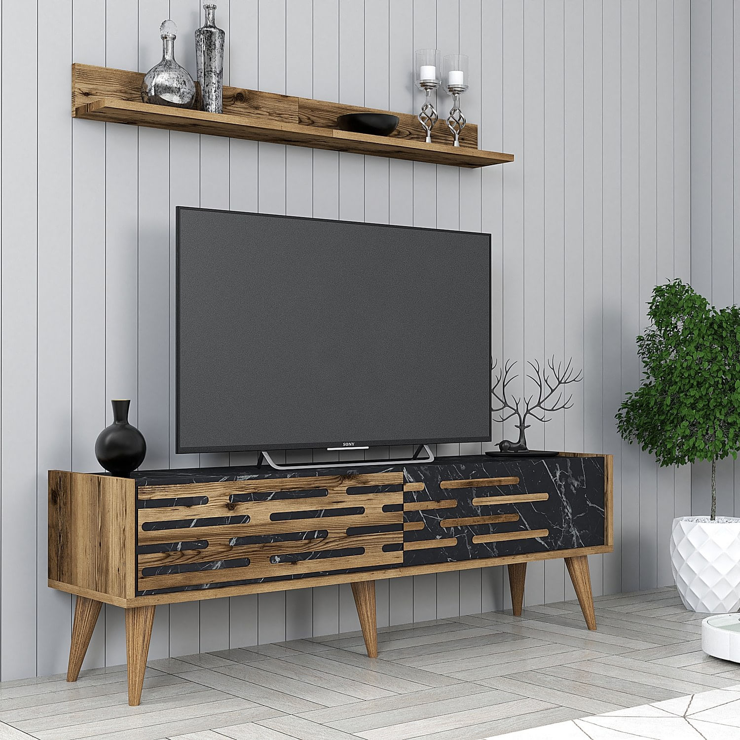 Comoda tv, Hanah Home, pal melaminat, nuc, negru, marmura, 140x35x45 cm — imaginea 4