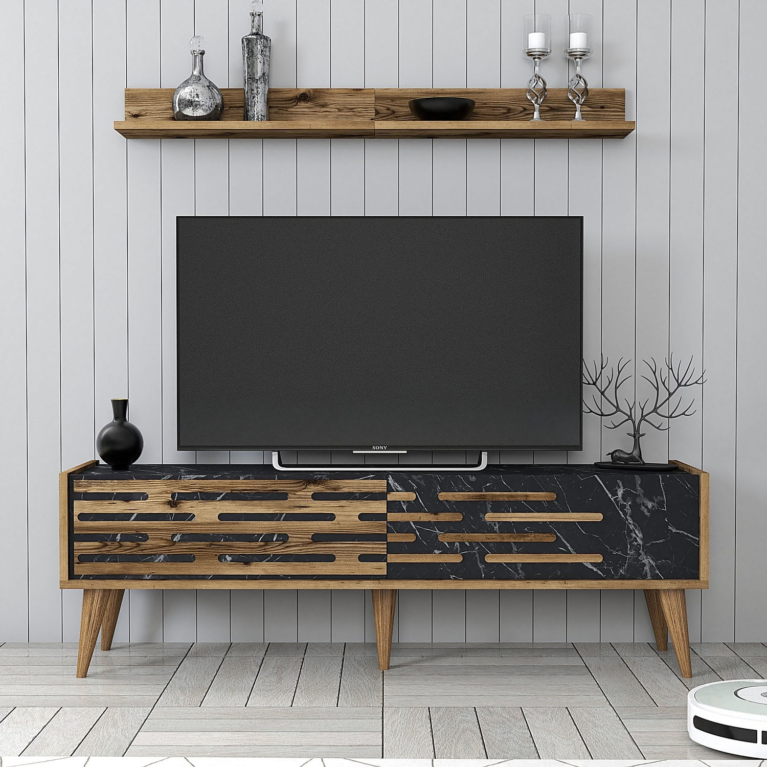 Comoda tv, Hanah Home, pal melaminat, nuc, negru, marmura, 140x35x45 cm — imaginea 5