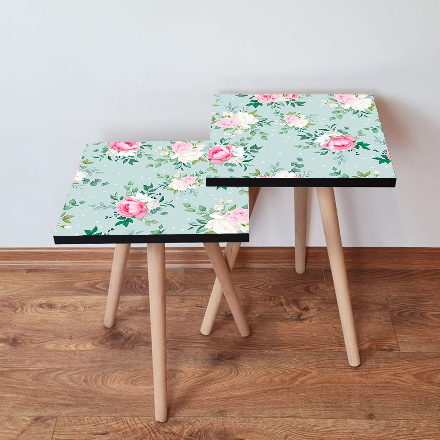 Set masute de cafea, Hanah Home, mdf, verde roz alb, 35x35x47 cm