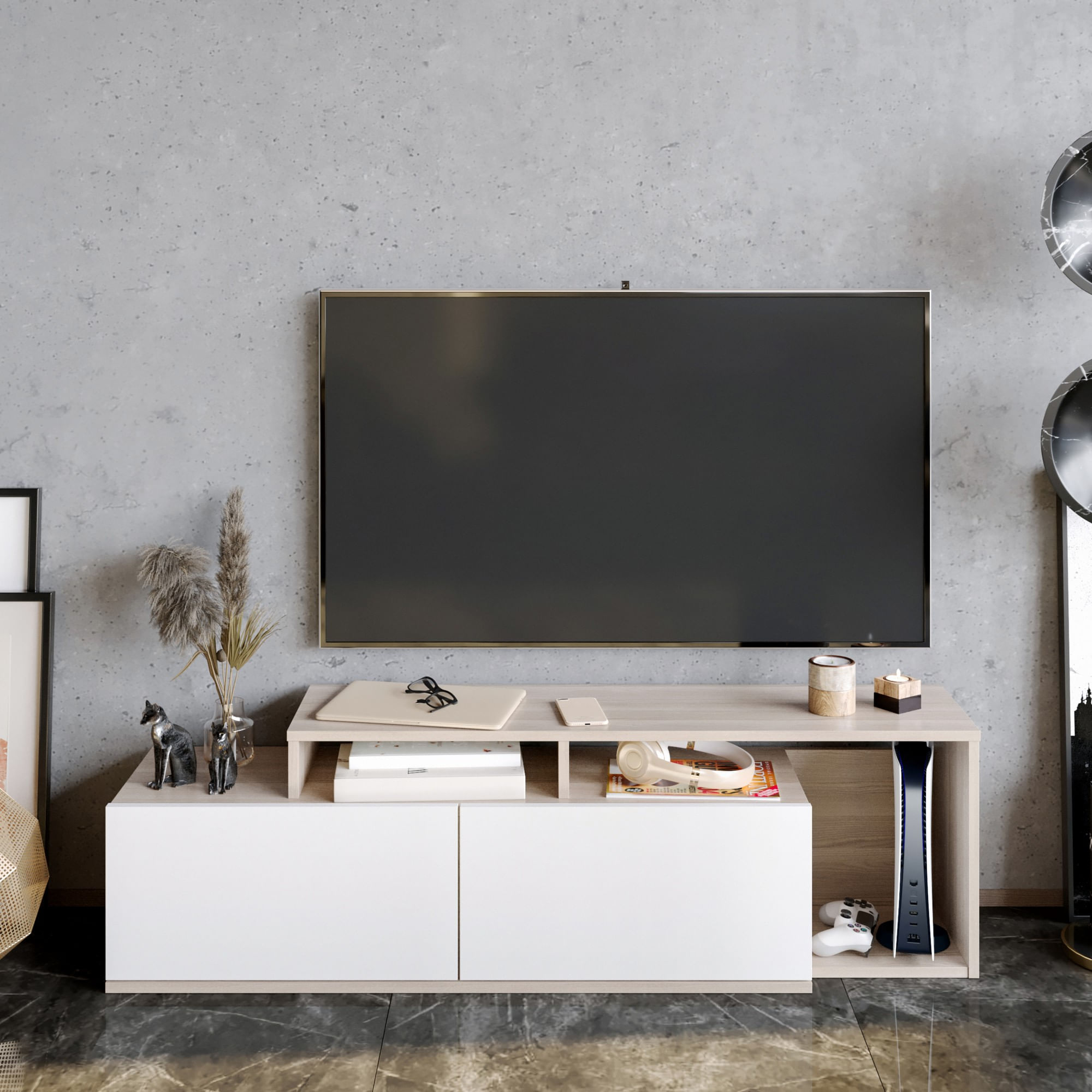 Comoda tv, Hanah Home, pal melaminat, cordoba si alb, 149.8x35.3x42.9 cm — imaginea 3