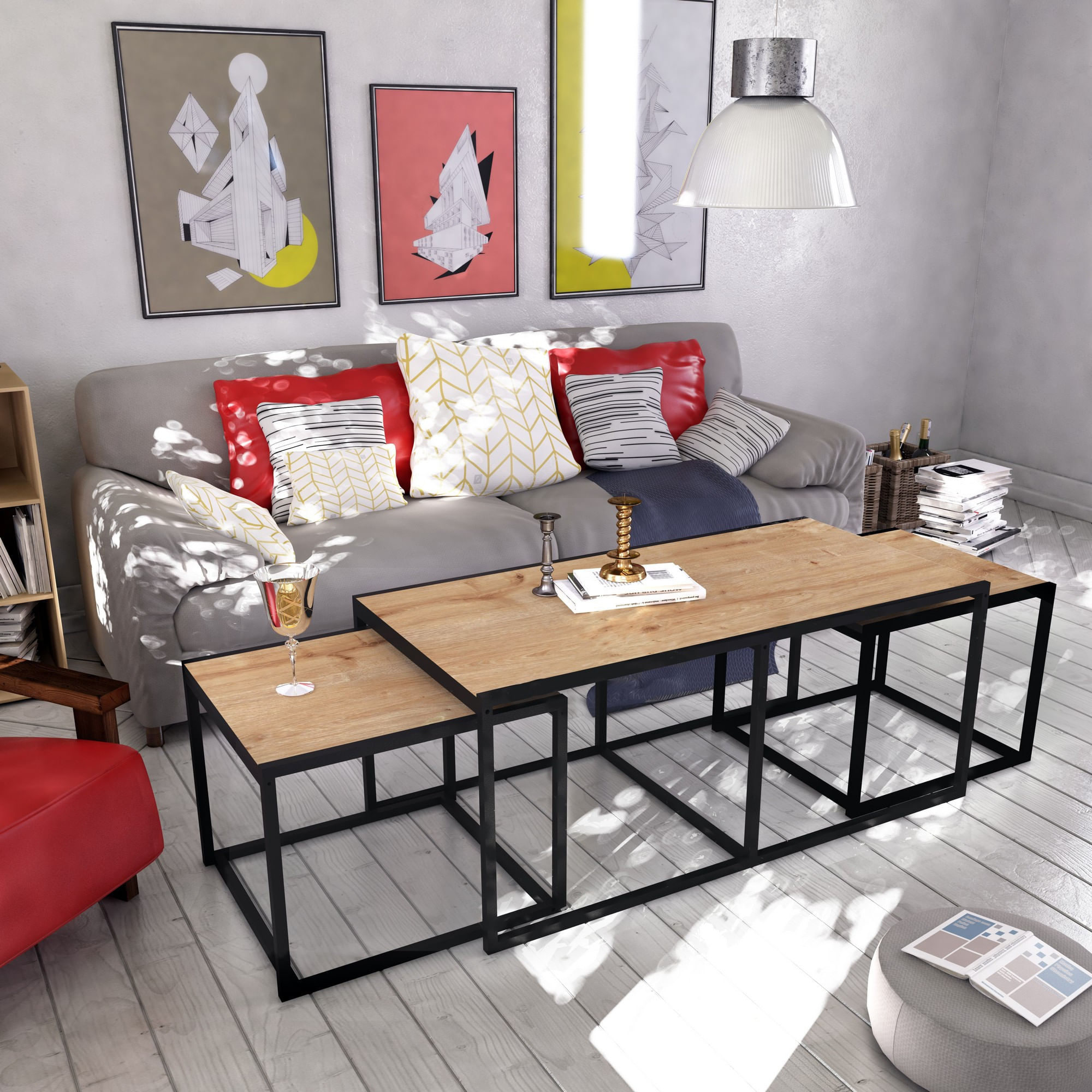 Masuta de cafea, Hanah Home, pal melaminat, stejar si negru, 120x60x50 cm — imaginea 3