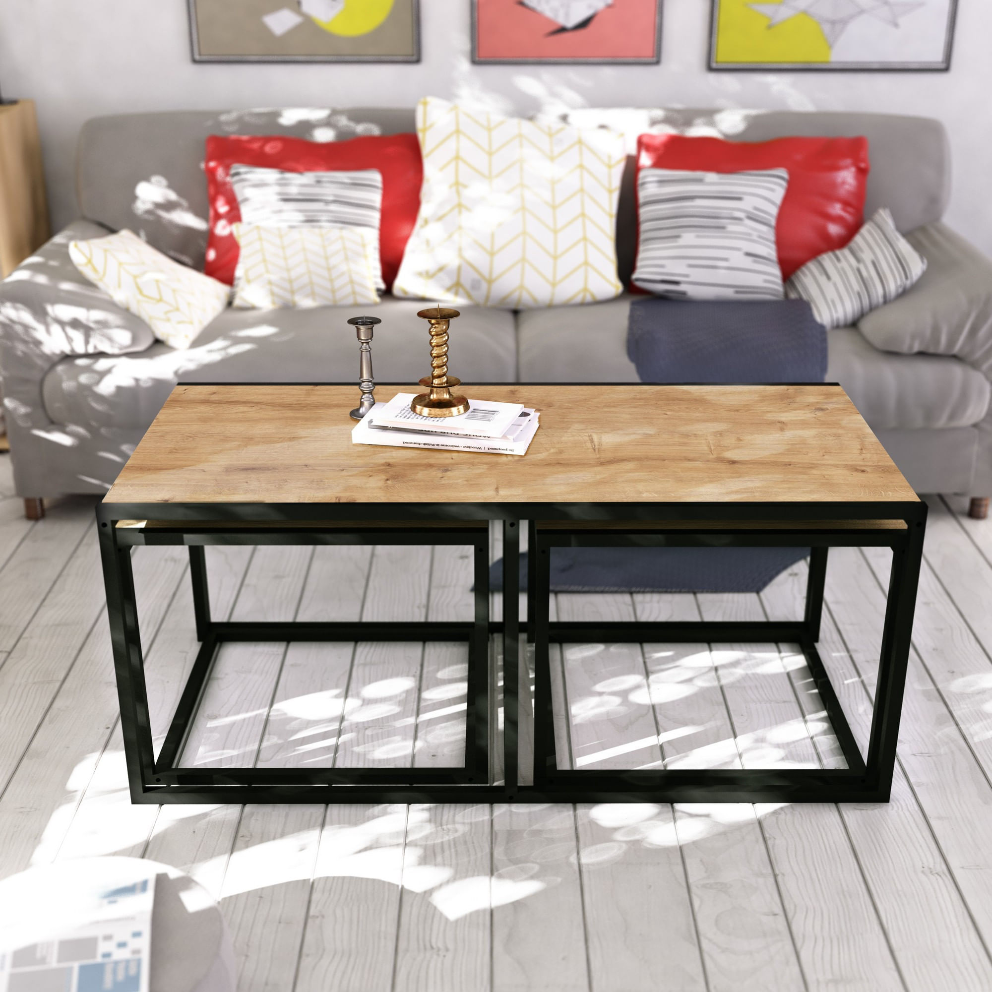 Masuta de cafea, Hanah Home, pal melaminat, stejar si negru, 120x60x50 cm — imaginea 6
