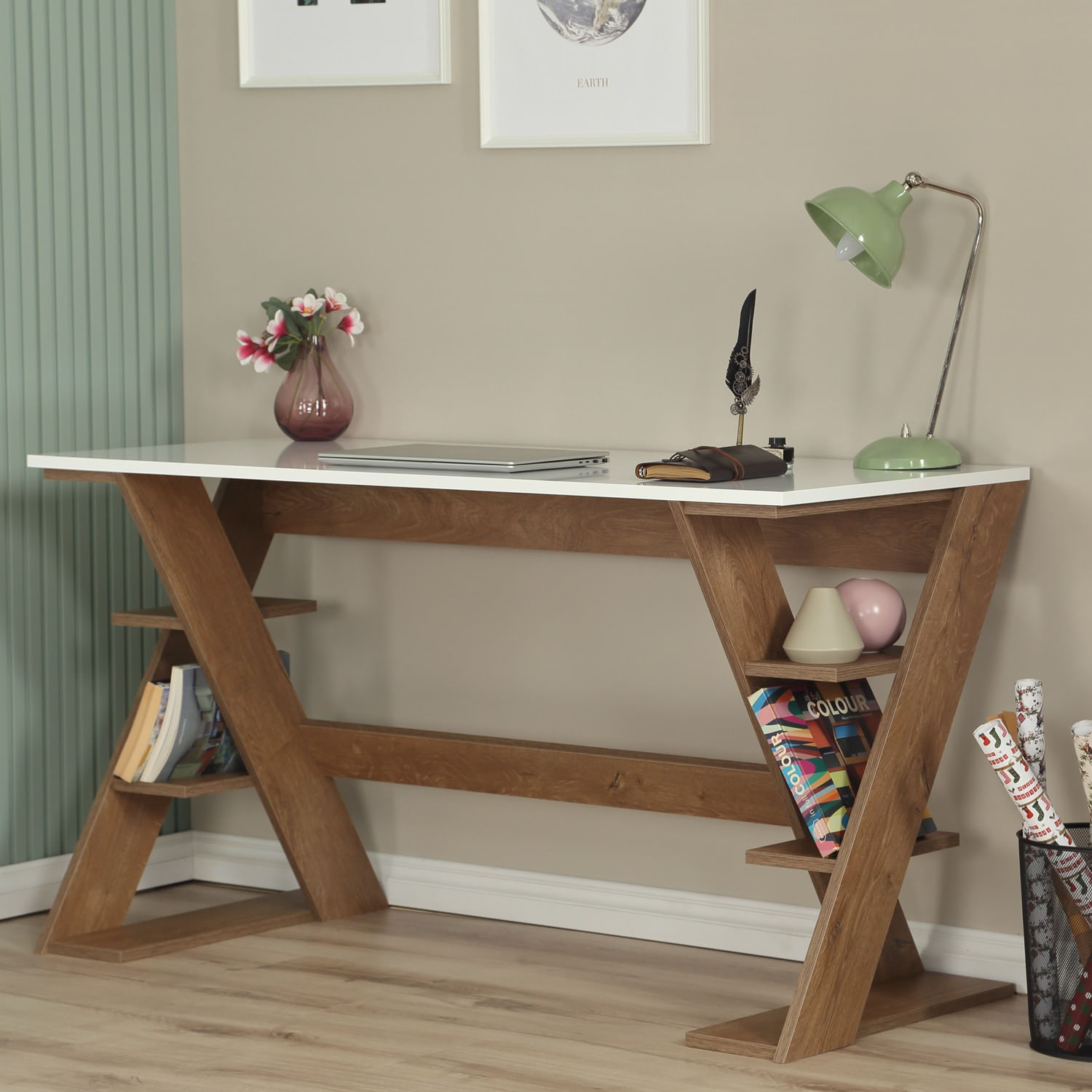 Birou de studiu, Hanah Home, pal, stejar inchis si alb, 140x60x73 cm — imaginea 2