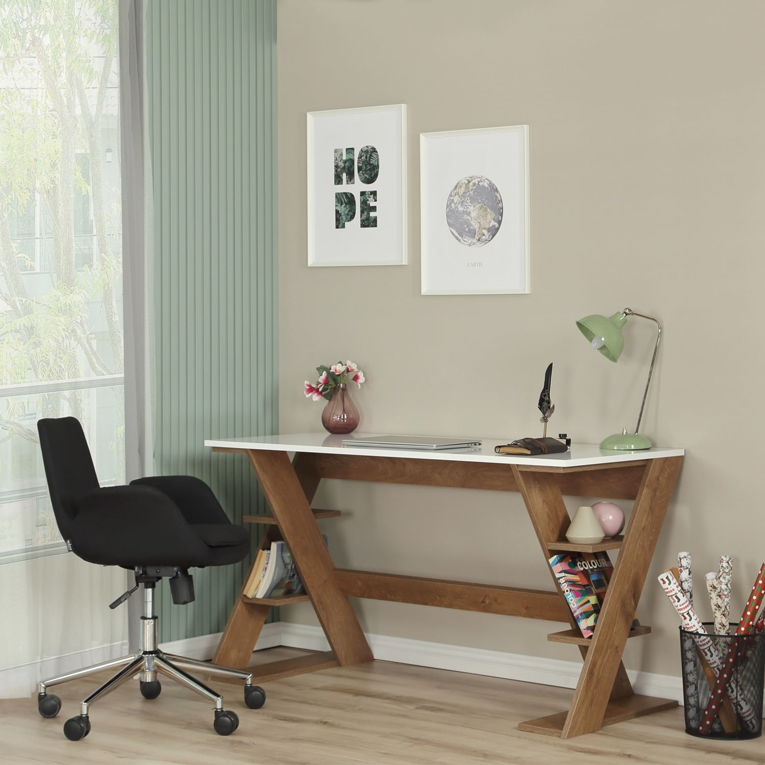 Birou de studiu, Hanah Home, pal, stejar inchis si alb, 140x60x73 cm — imaginea 3