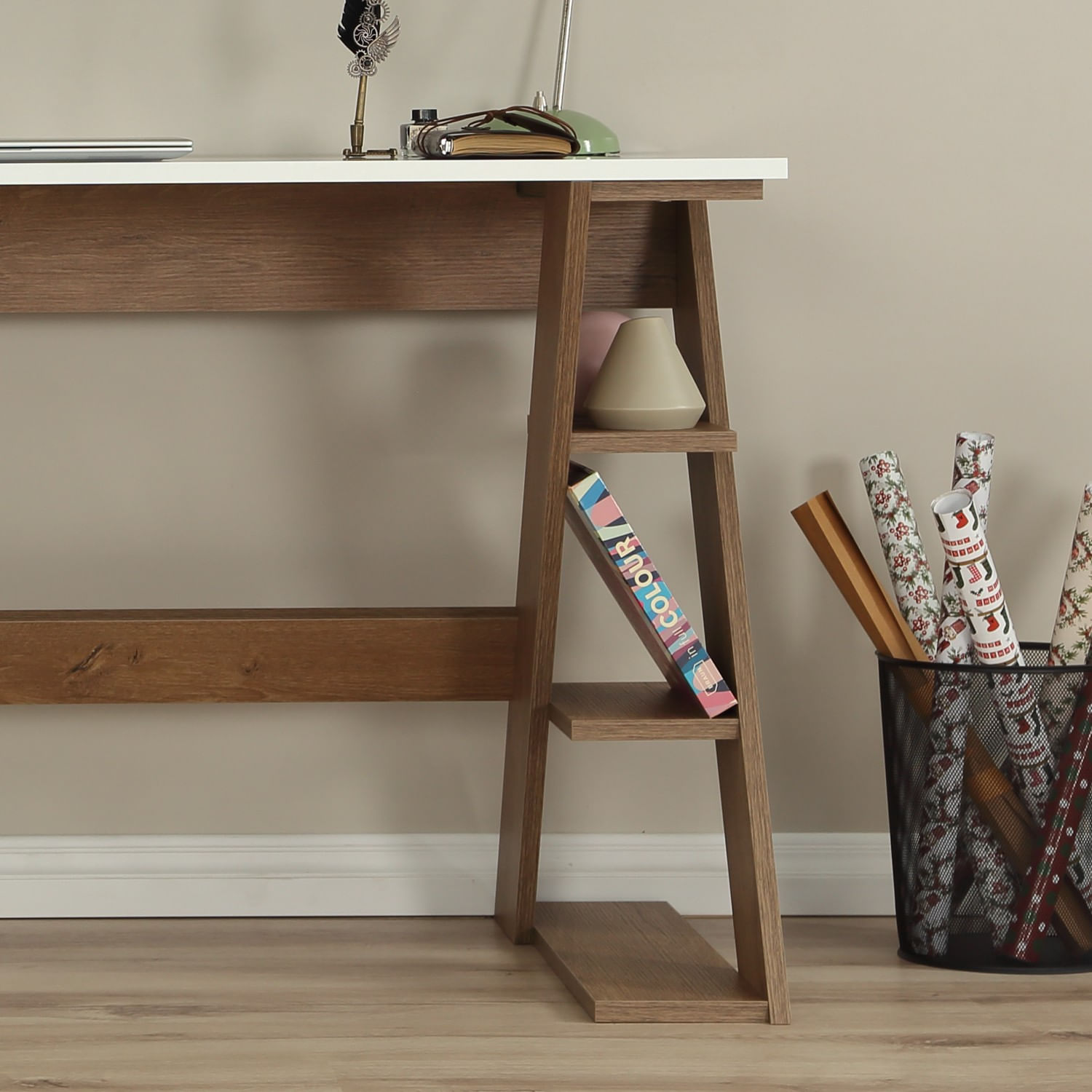 Birou de studiu, Hanah Home, pal, stejar inchis si alb, 140x60x73 cm — imaginea 4