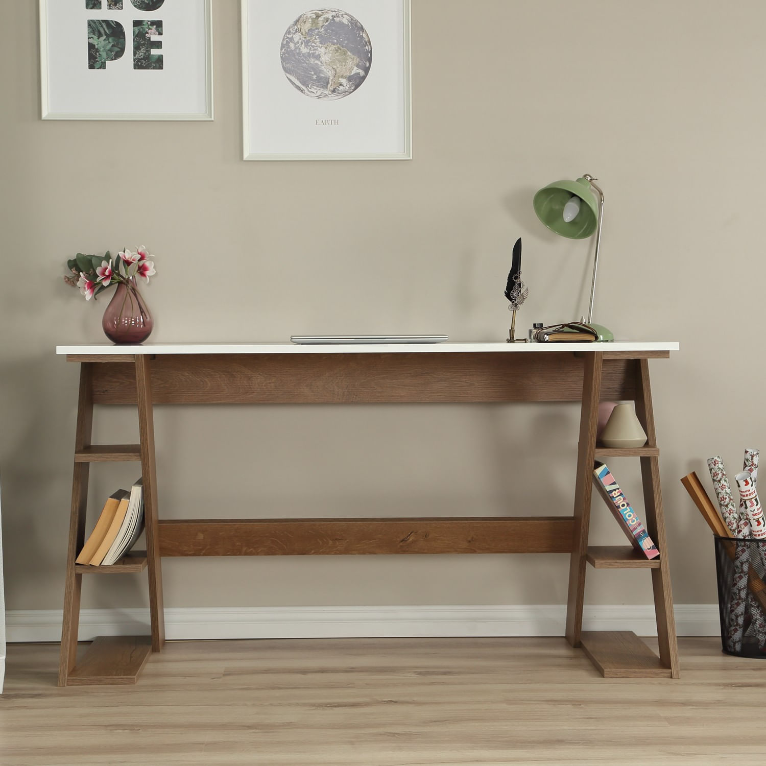 Birou de studiu, Hanah Home, pal, stejar inchis si alb, 140x60x73 cm — imaginea 9