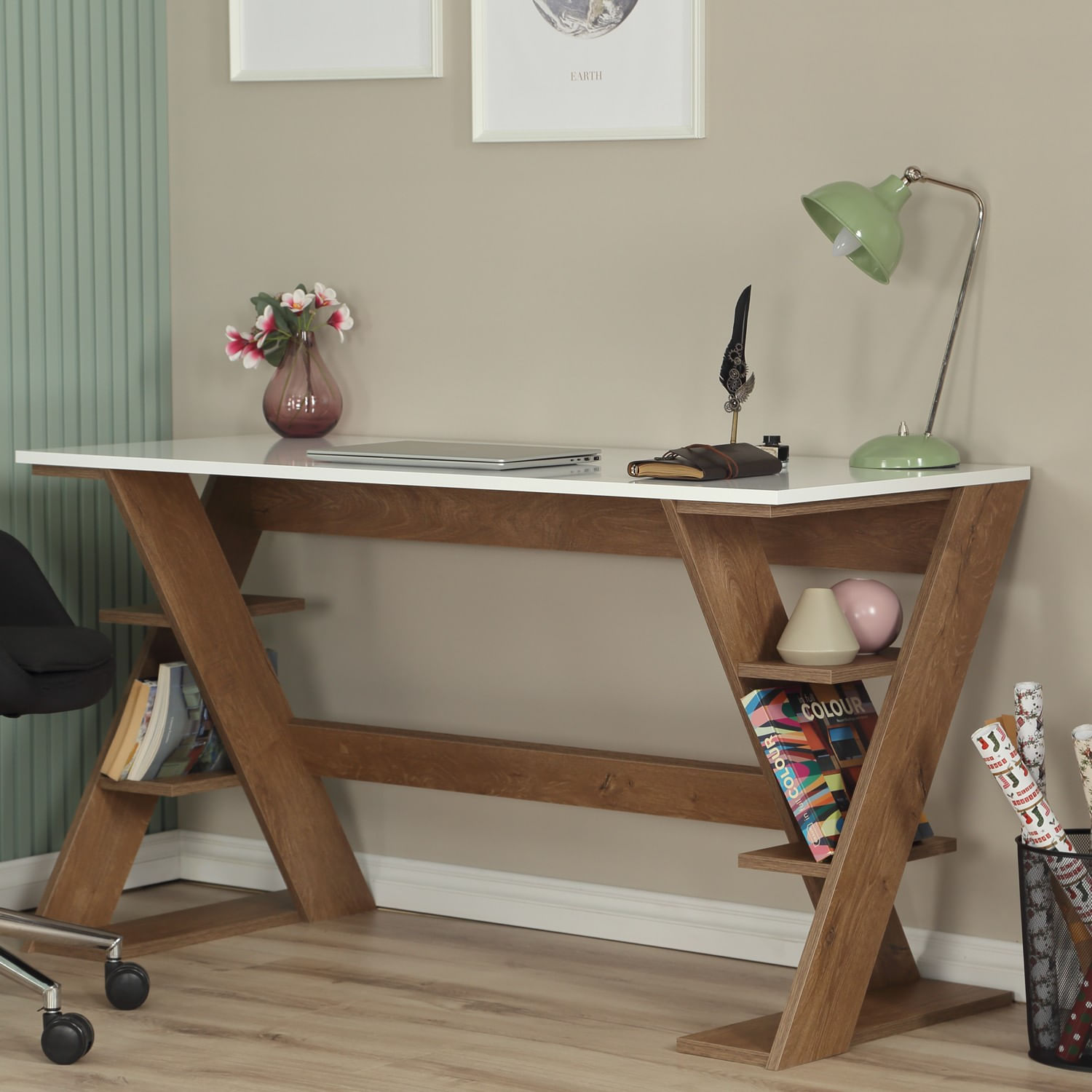 Birou de studiu, Hanah Home, pal, stejar inchis si alb, 140x60x73 cm — imaginea 10