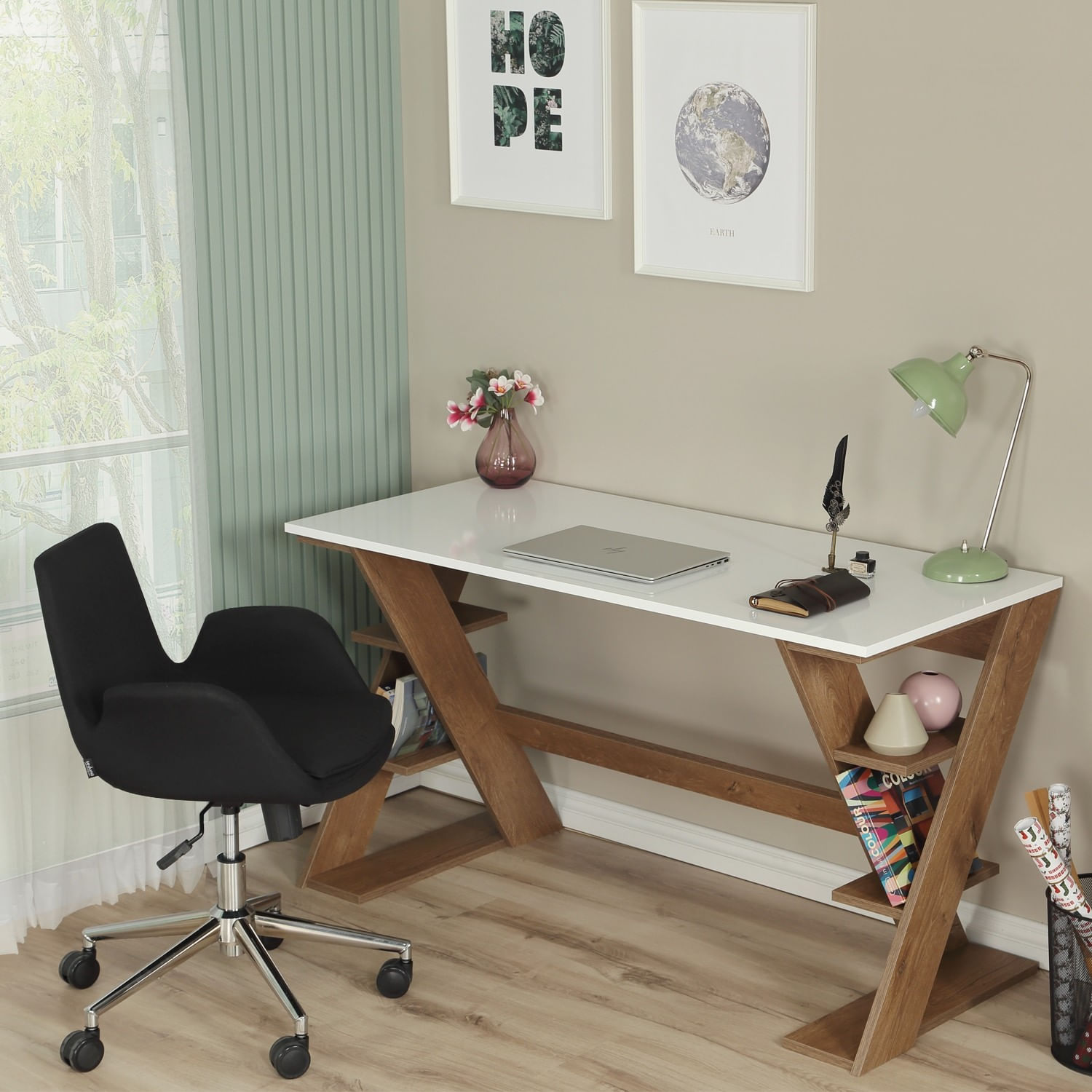 Birou de studiu, Hanah Home, pal, stejar inchis si alb, 140x60x73 cm — imaginea 11