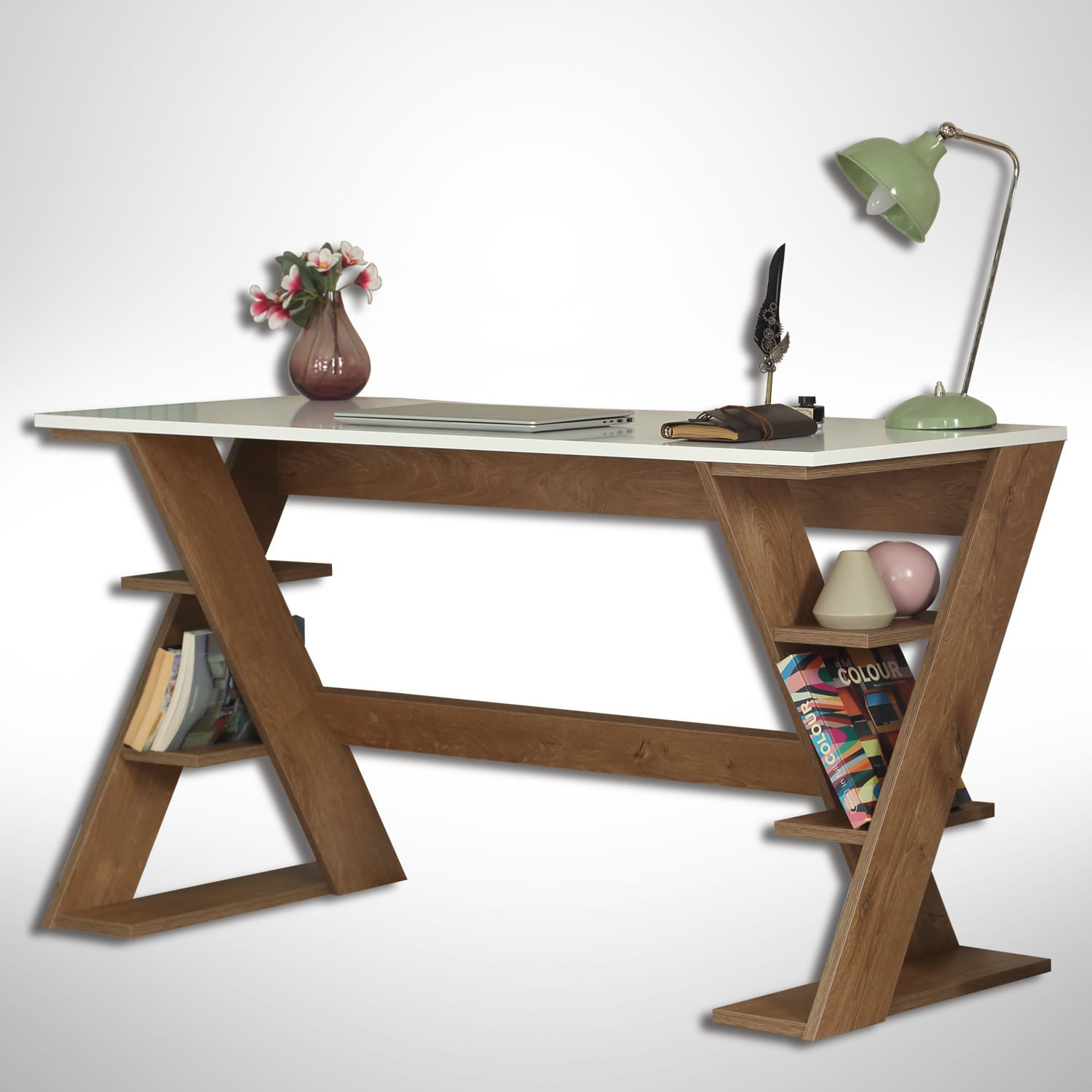 Birou de studiu, Hanah Home, pal, stejar inchis si alb, 140x60x73 cm — imaginea 13
