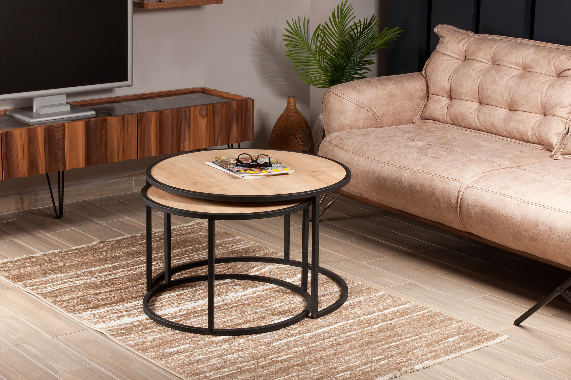 Set masute de cafea, Hanah Home, pal melaminat, stejar si negru, 80x50x80 cm, 66x43x66 cm — imaginea 4