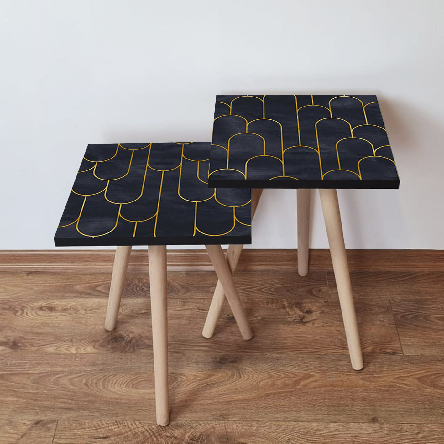 Set masute de cafea, Hanah Home, mdf, albastru marin si auriu, 35x47x35 cm, 35x42x35 cm, 481LNA2375