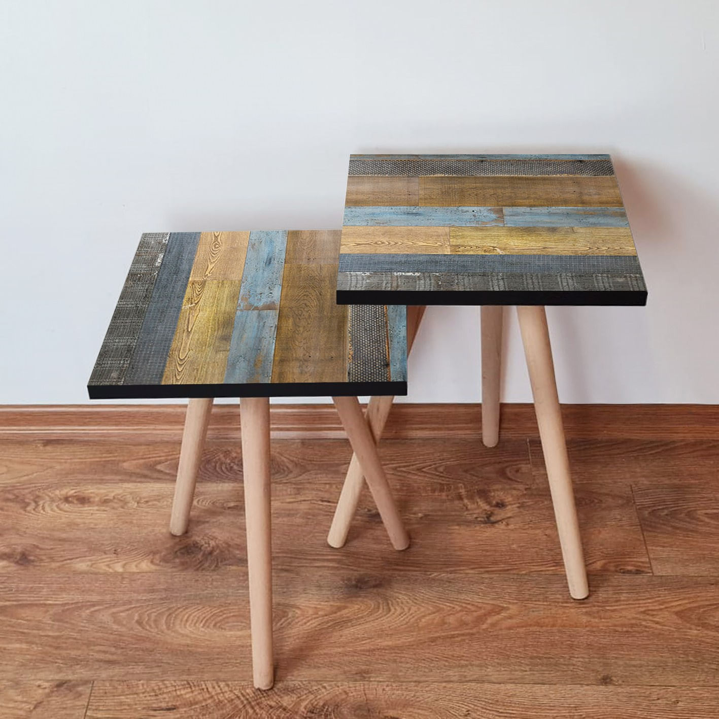 Set masute de cafea, Hanah Home, mdf, maro gri camila albastru, 35x35x47 cm