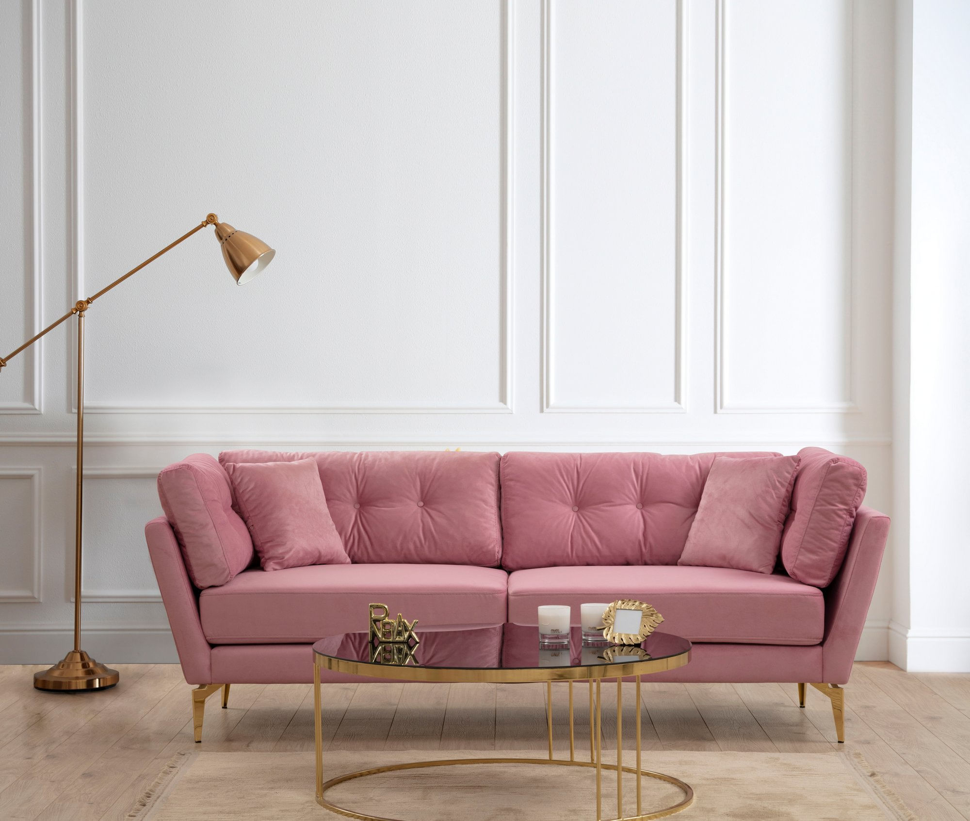 Canapea 3 locuri, Hanah Home, lemn fag si pal, trandafir prafuit, 214x90x84 cm — imaginea 3