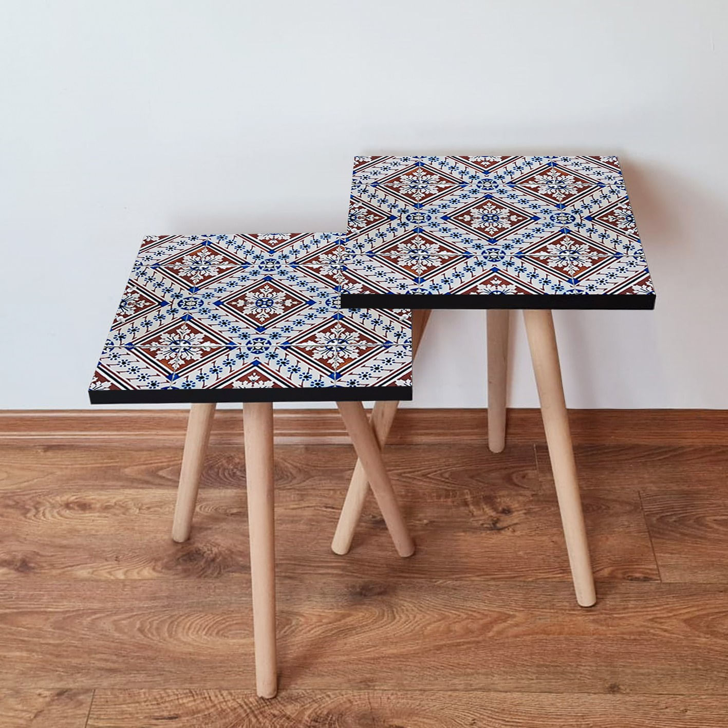 Set masute de cafea, Hanah Home, mdf, albastru marin, albastru, rosu, 35x35x47 cm, 2 piese