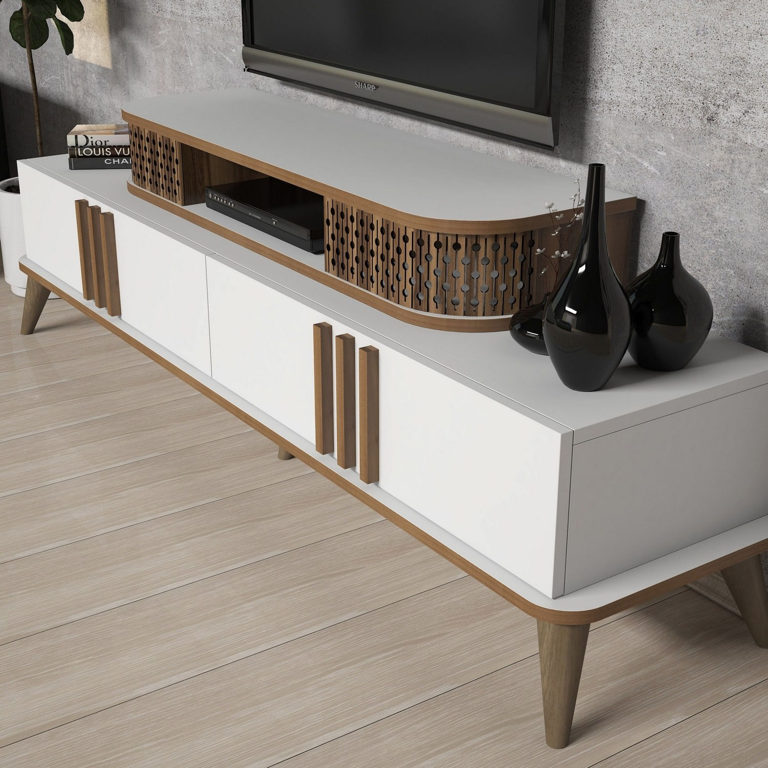 Comoda tv, Hanah Home, pal melaminat, alb, 168x51x39 cm — imaginea 3