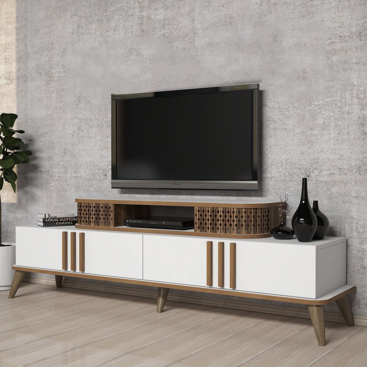 Comoda tv, Hanah Home, pal melaminat, alb, 168x51x39 cm — imaginea 4