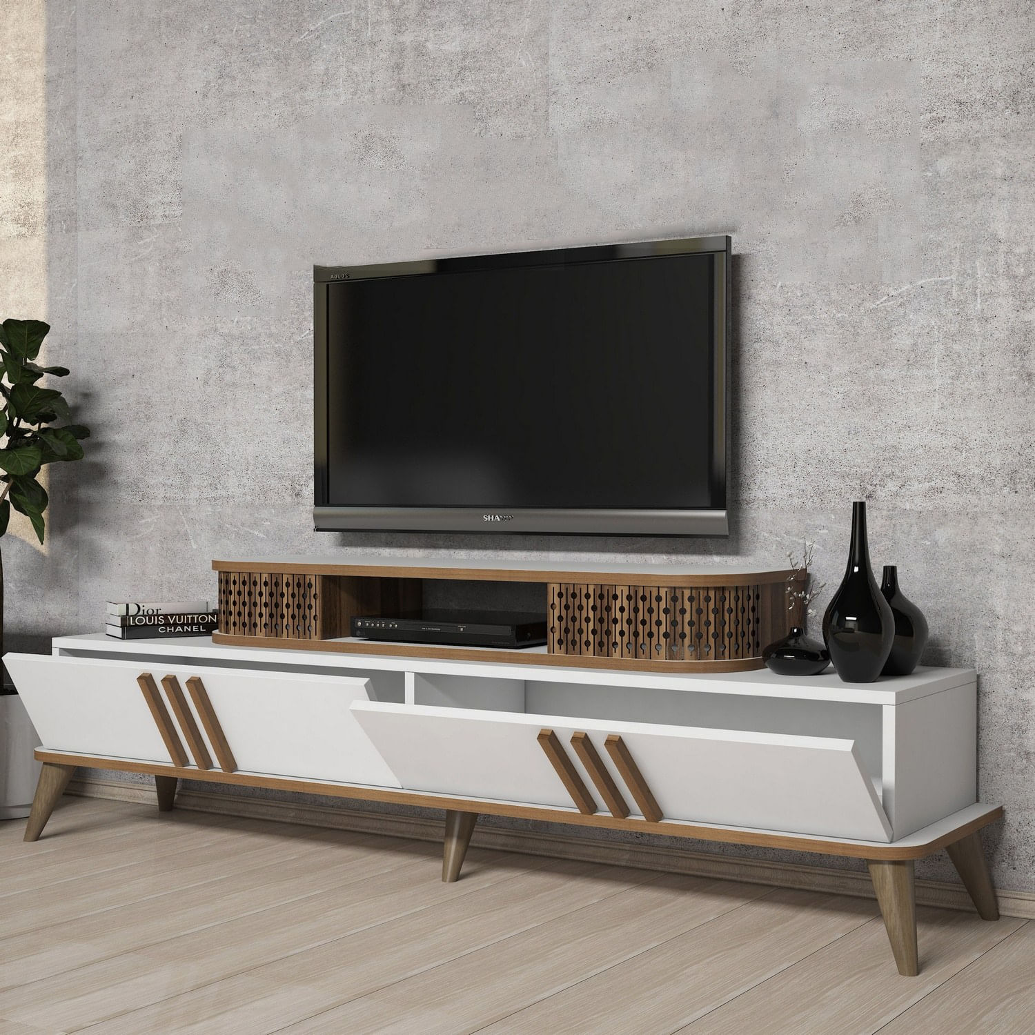 Comoda tv, Hanah Home, pal melaminat, alb, 168x51x39 cm — imaginea 5