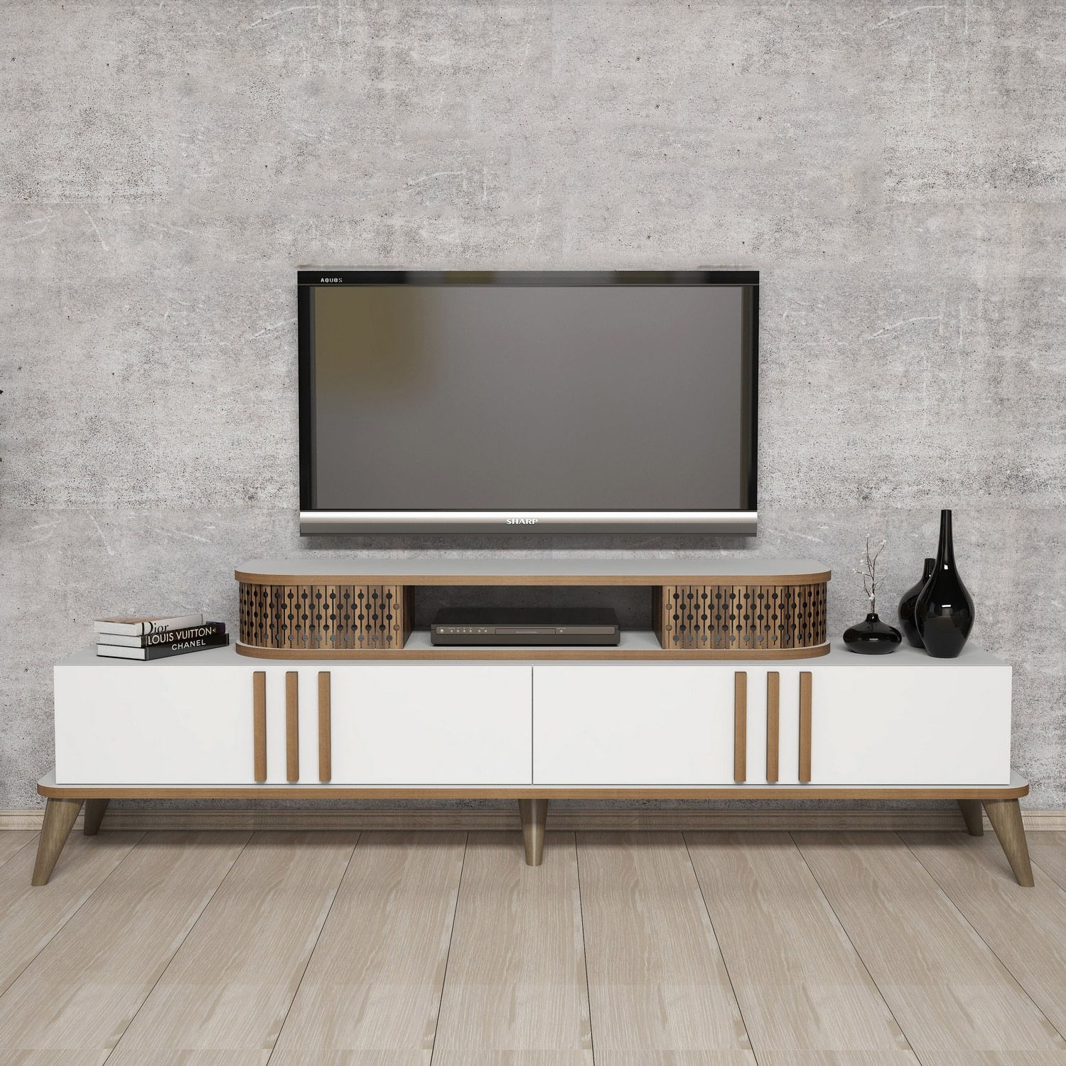 Comoda tv, Hanah Home, pal melaminat, alb, 168x51x39 cm — imaginea 6
