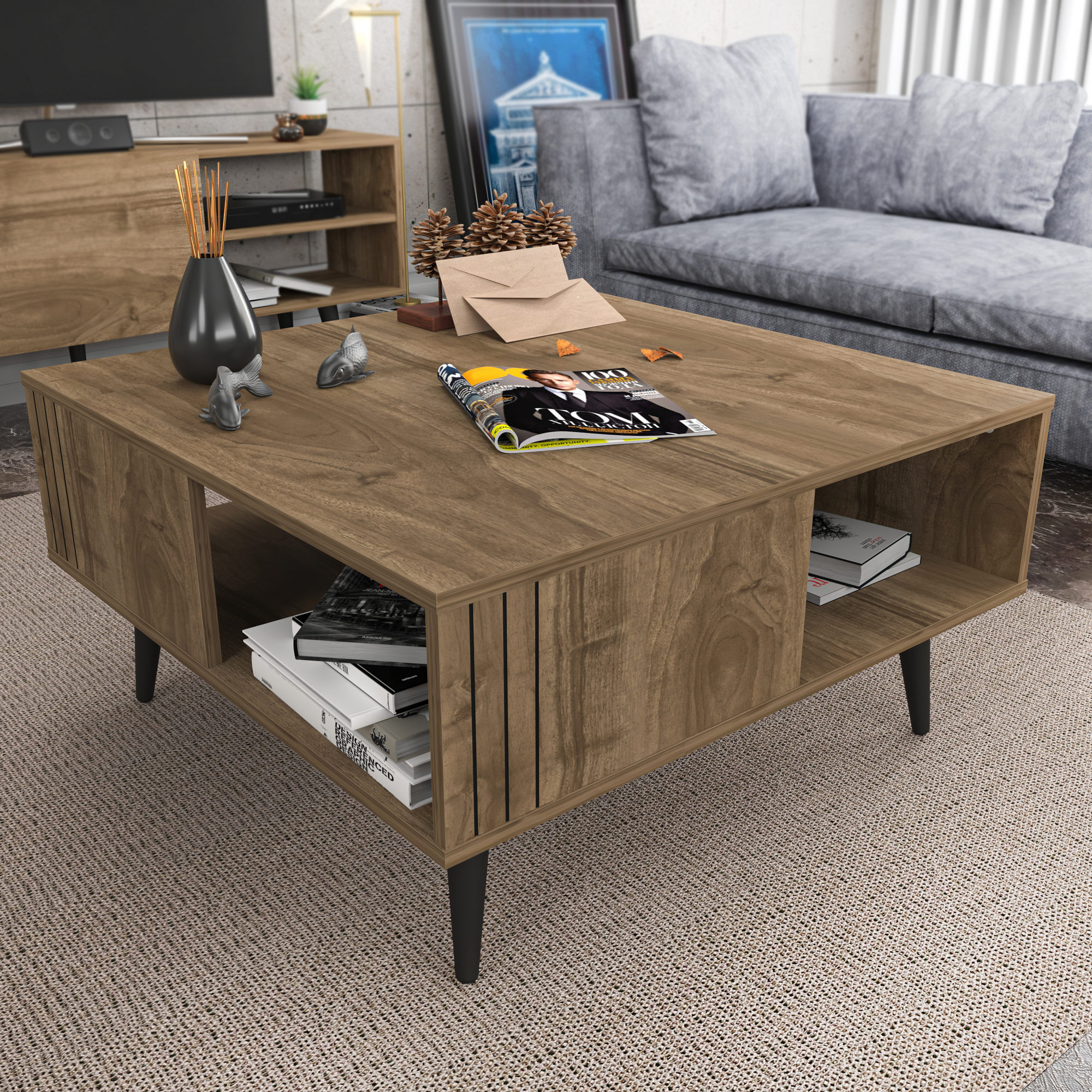 Masa de cafea, Hanah Home, pal melaminat, nuc, 89.6x89.6x46.5 cm — imaginea 2
