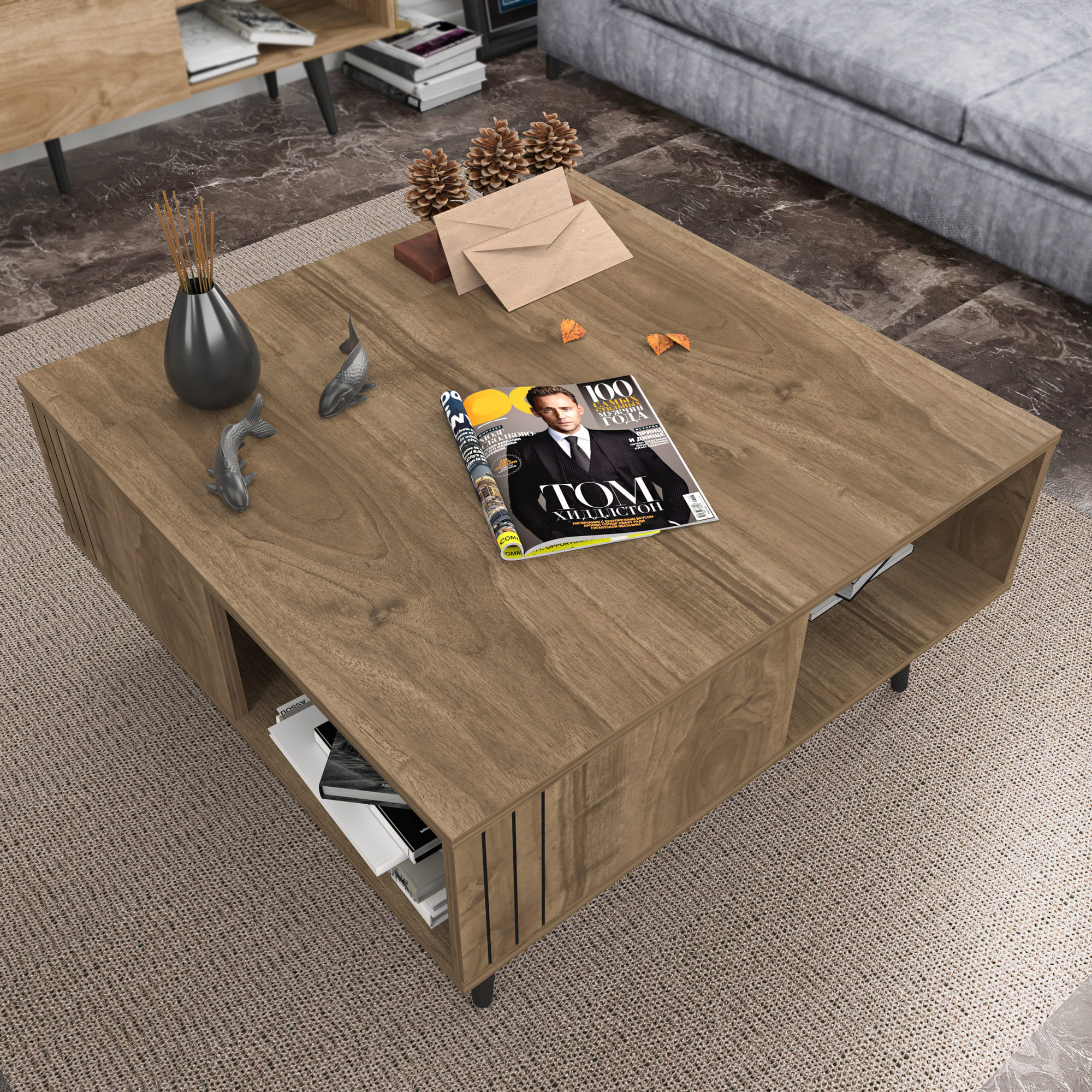 Masa de cafea, Hanah Home, pal melaminat, nuc, 89.6x89.6x46.5 cm — imaginea 3