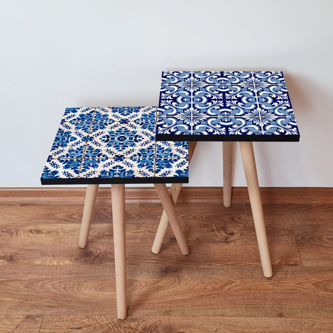 Set masute de cafea, Hanah Home, mdf, albastru marin si alb, 35x35x47 cm, 2 piese