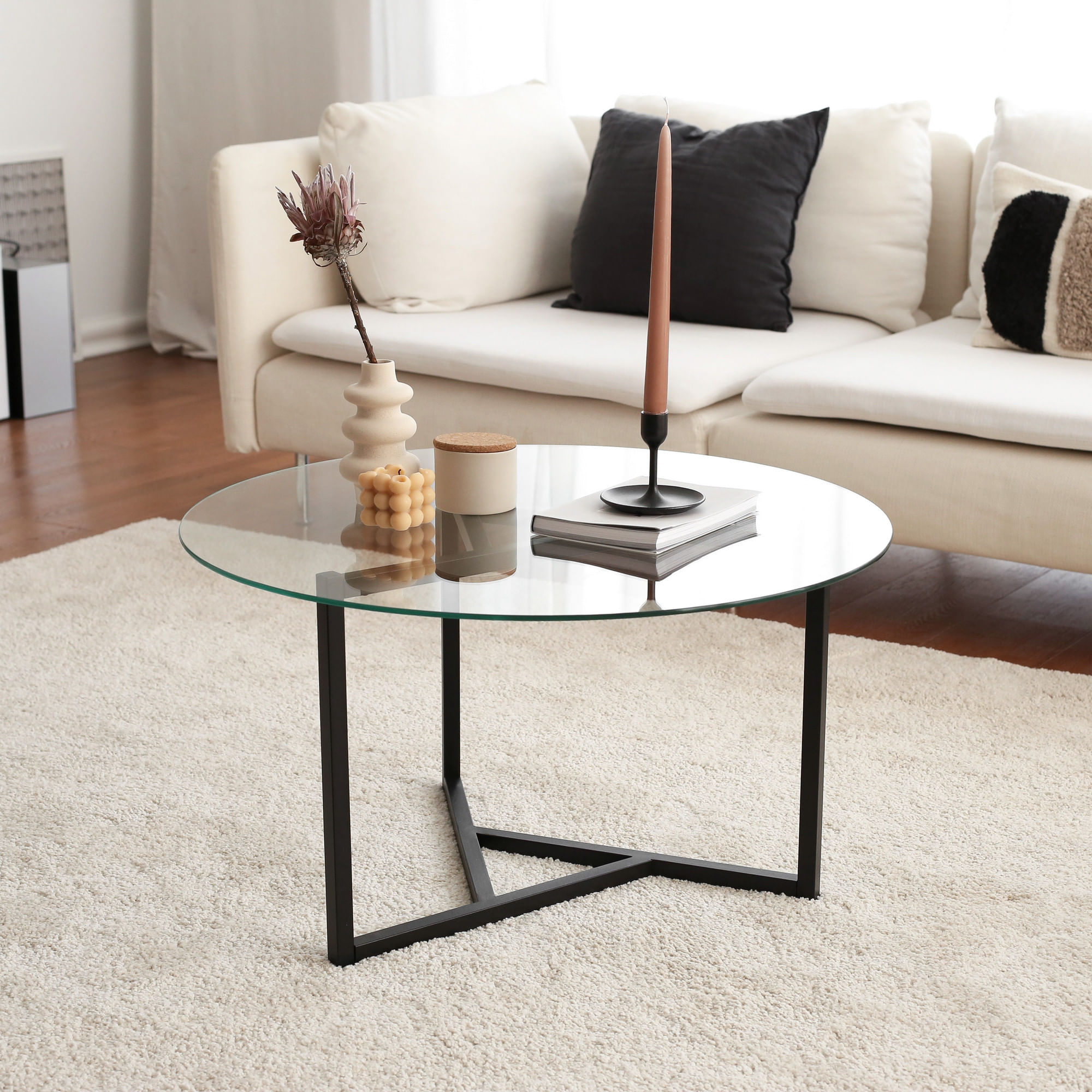 Masuta de cafea, Hanah Home, metal si sticla securizata, transparent si negru, 75x75x42 cm — imaginea 4