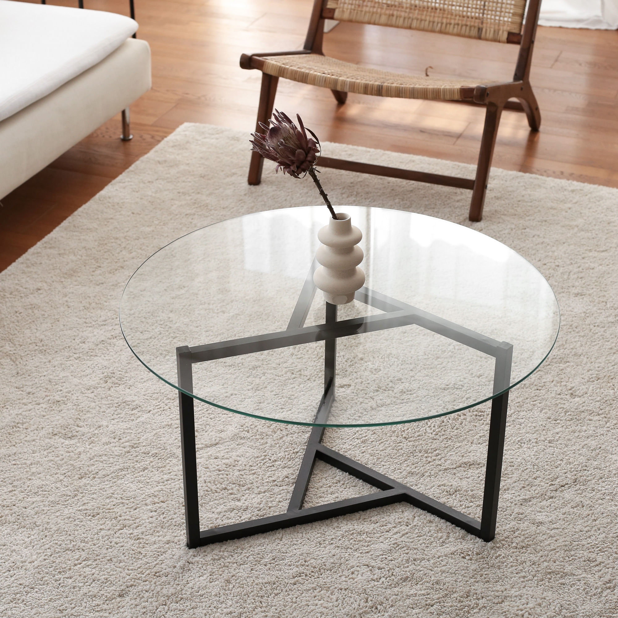Masuta de cafea, Hanah Home, metal si sticla securizata, transparent si negru, 75x75x42 cm — imaginea 8