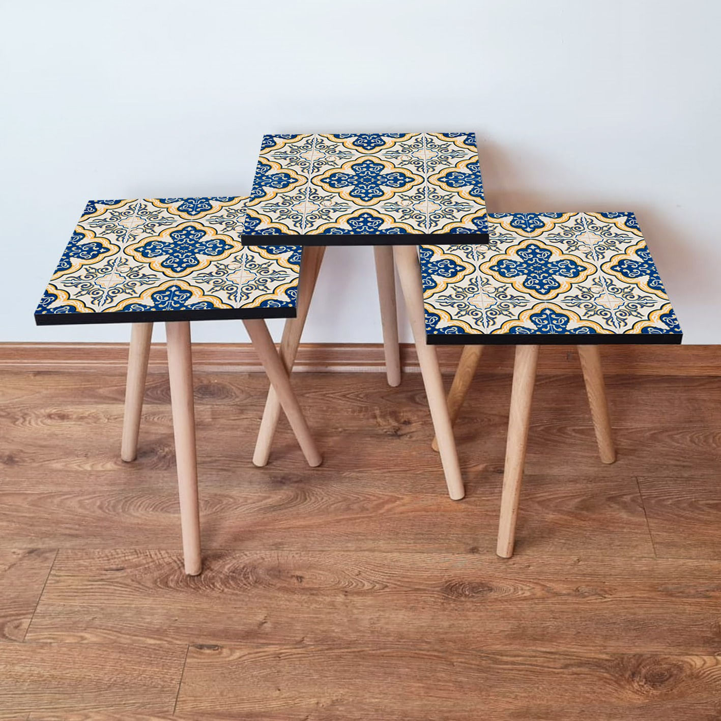 Set masute de cafea, Hanah Home, mdf, albastru marin galben alb, 35x52x35 cm