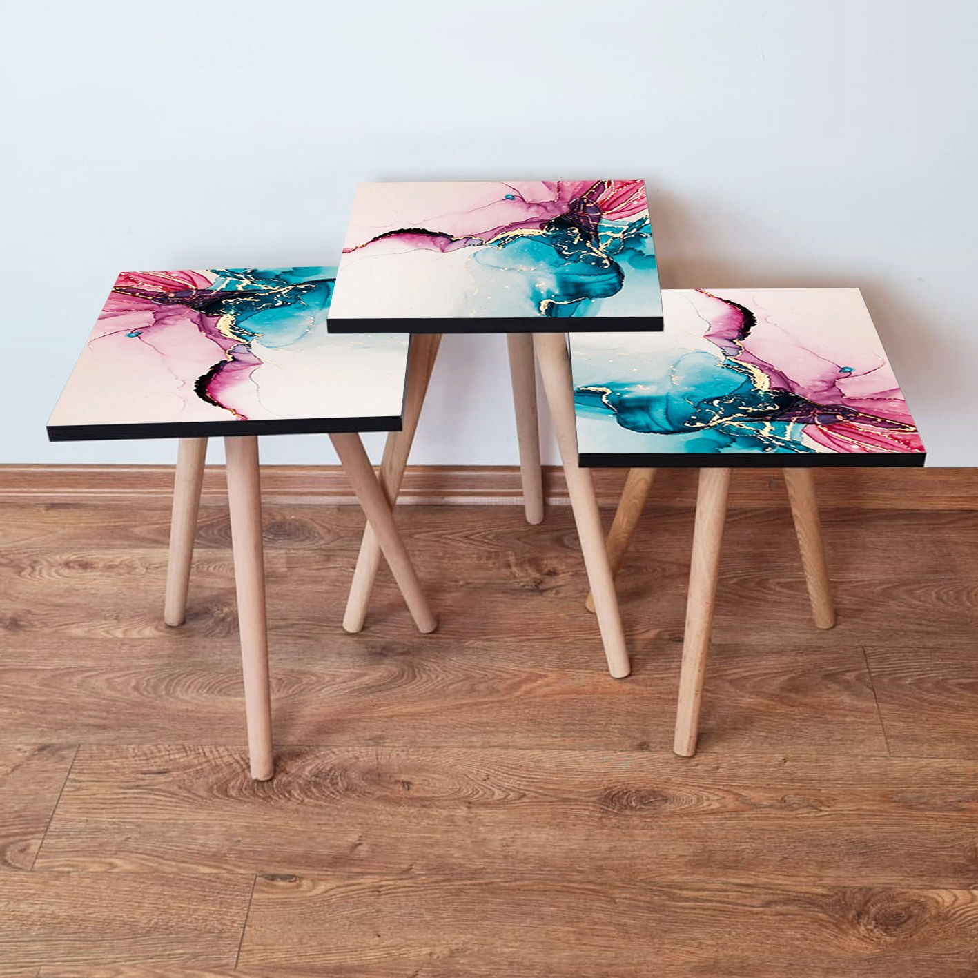 Set masute de cafea, Hanah Home, mdf, roz alb albastru bej, 35x35x52 cm