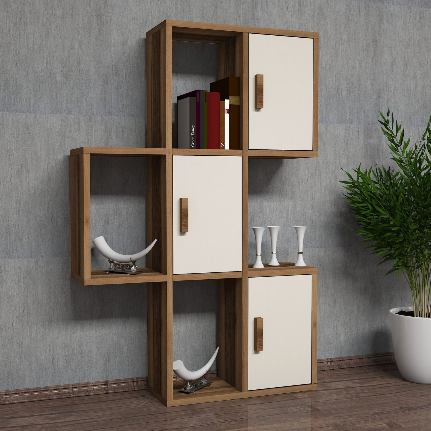 Raft de perete, Hanah Home, pal melaminat, nuc si crem, 50x20x112.6 cm — imaginea 3