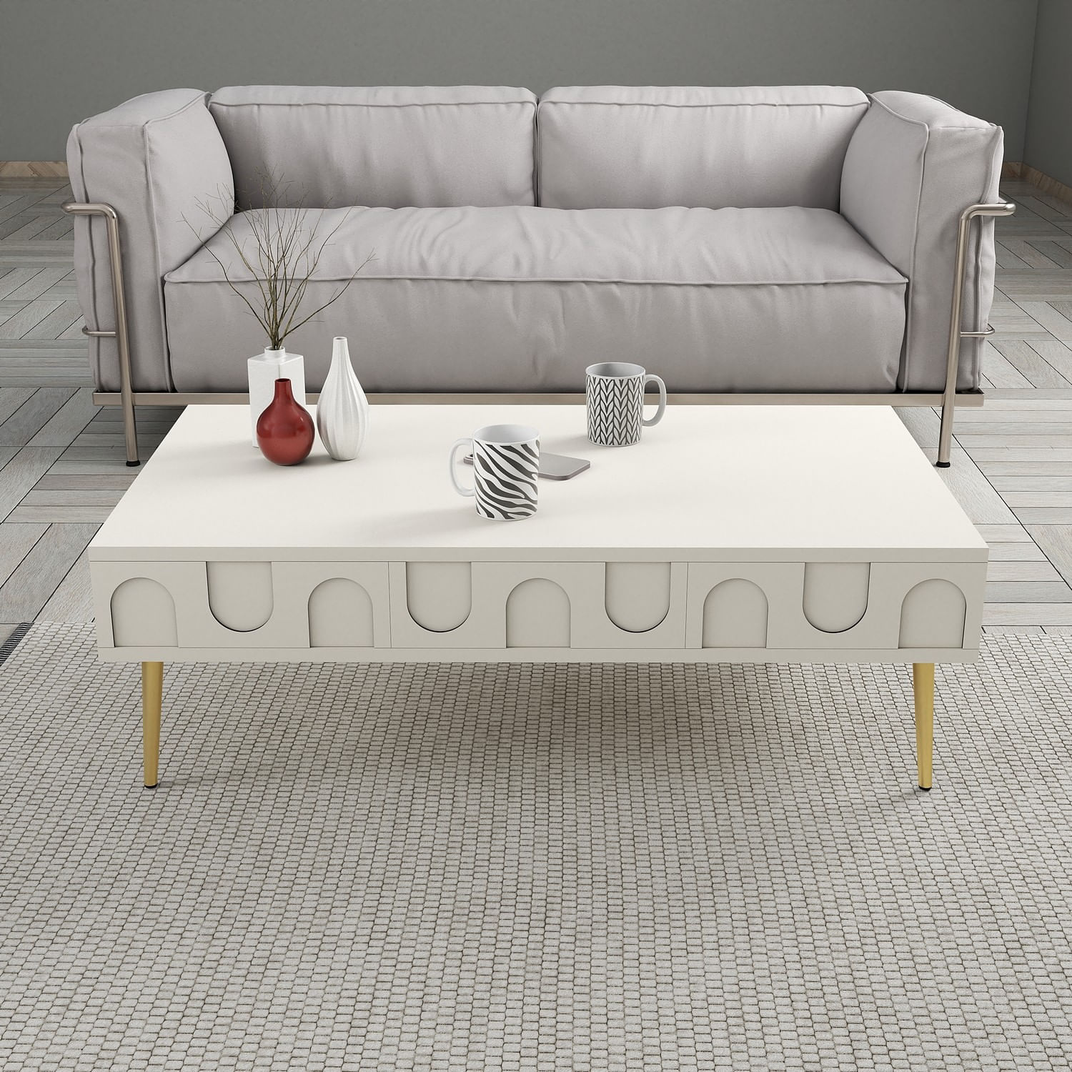 Masuta de cafea, Hanah Home, pal melaminat, crem si auriu, 105x60x33.6 cm — imaginea 3