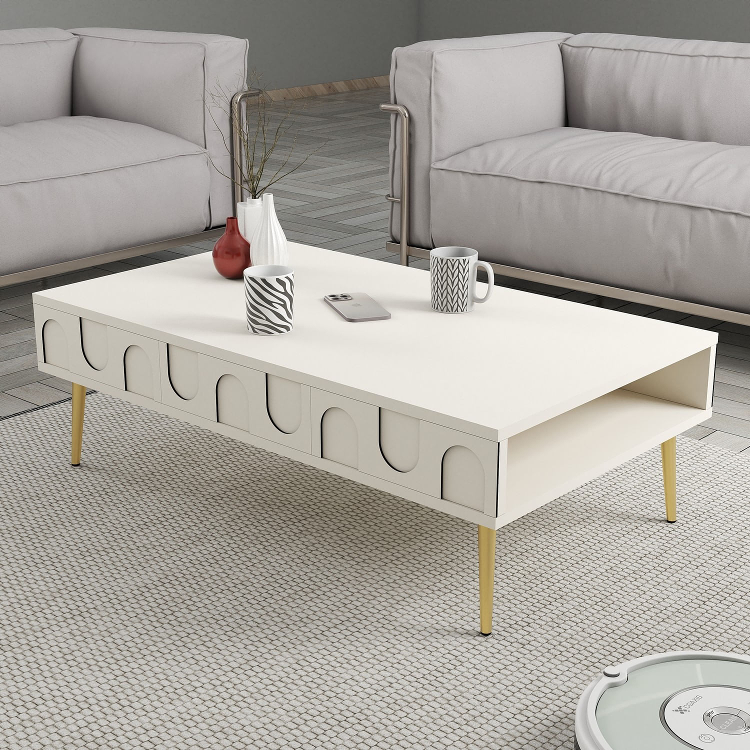 Masuta de cafea, Hanah Home, pal melaminat, crem si auriu, 105x60x33.6 cm — imaginea 4