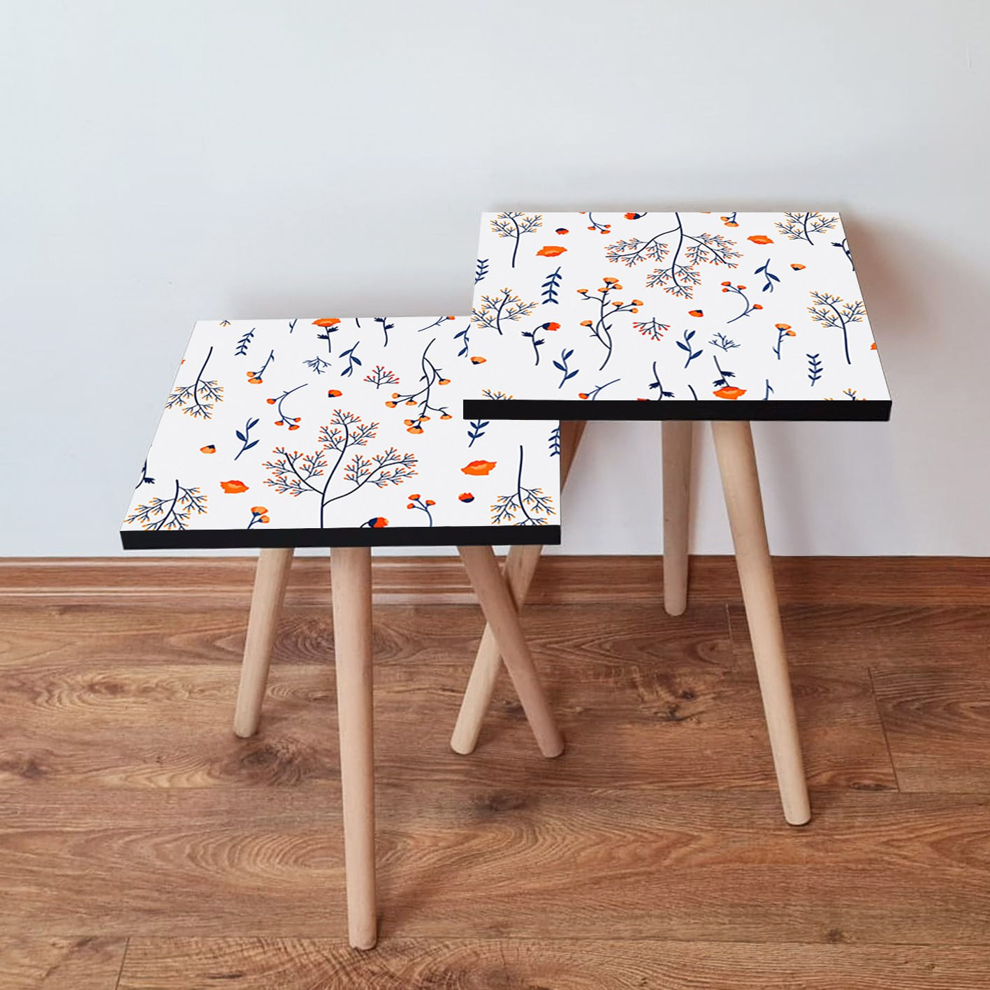 Set masute de cafea, Hanah Home, mdf, alb/albastru marin/portocaliu, 35x35x47 cm