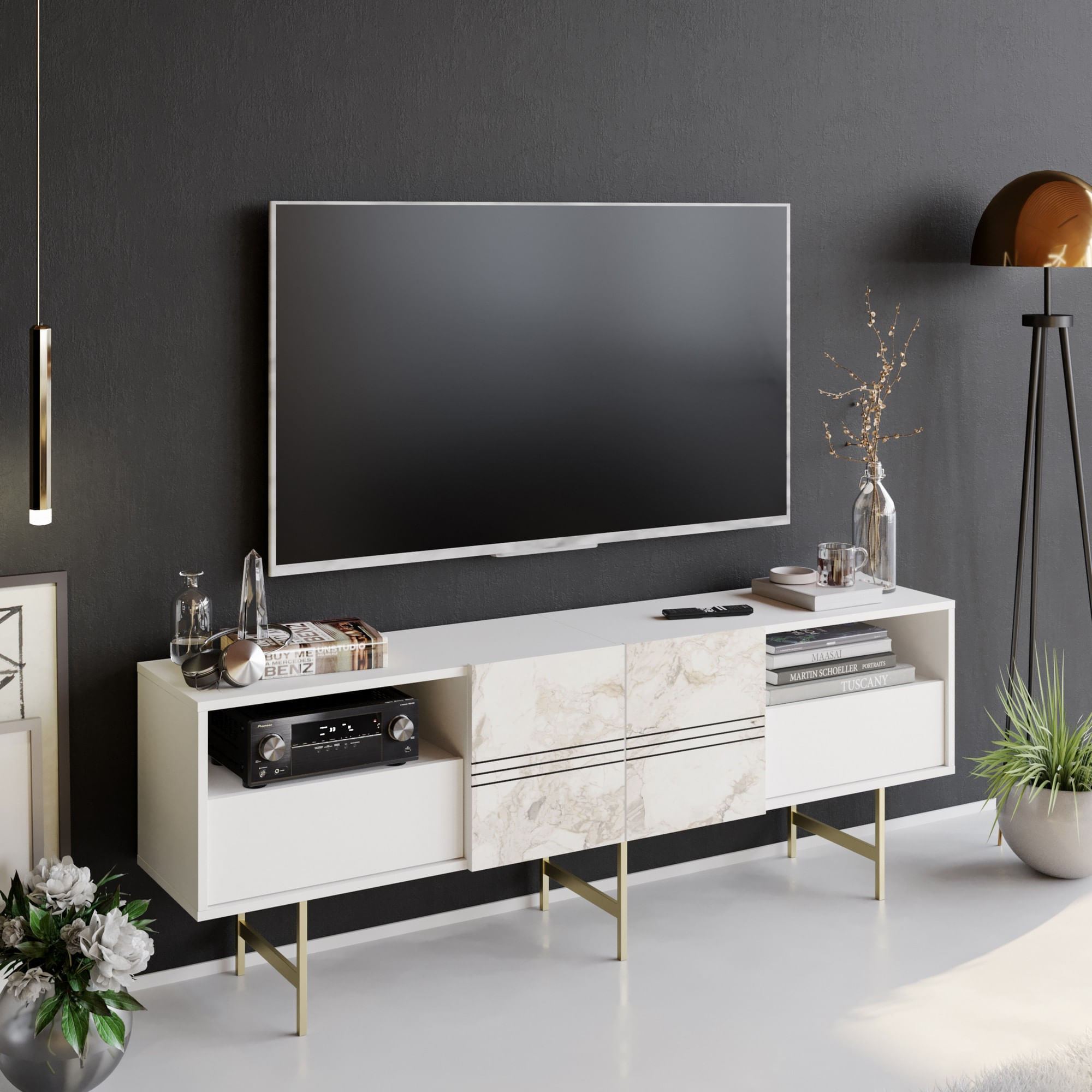 Comoda tv, Hanah Home, panou aglomerat melaminat, alb, 180x37.1x64.7 cm — imaginea 3